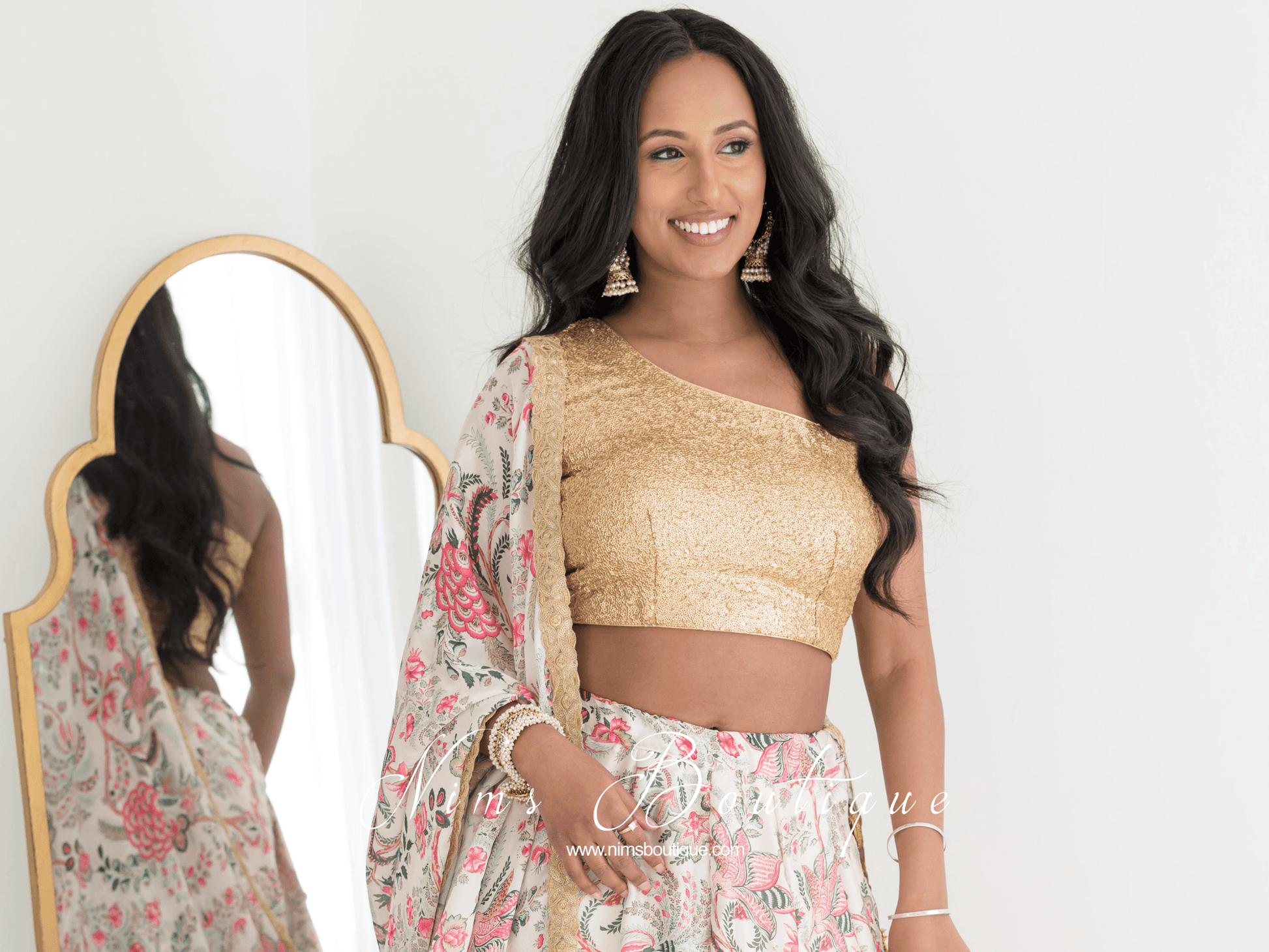 Nims Boutique Luxury One Shoulder Rose Gold Sequin Blouse 4-22