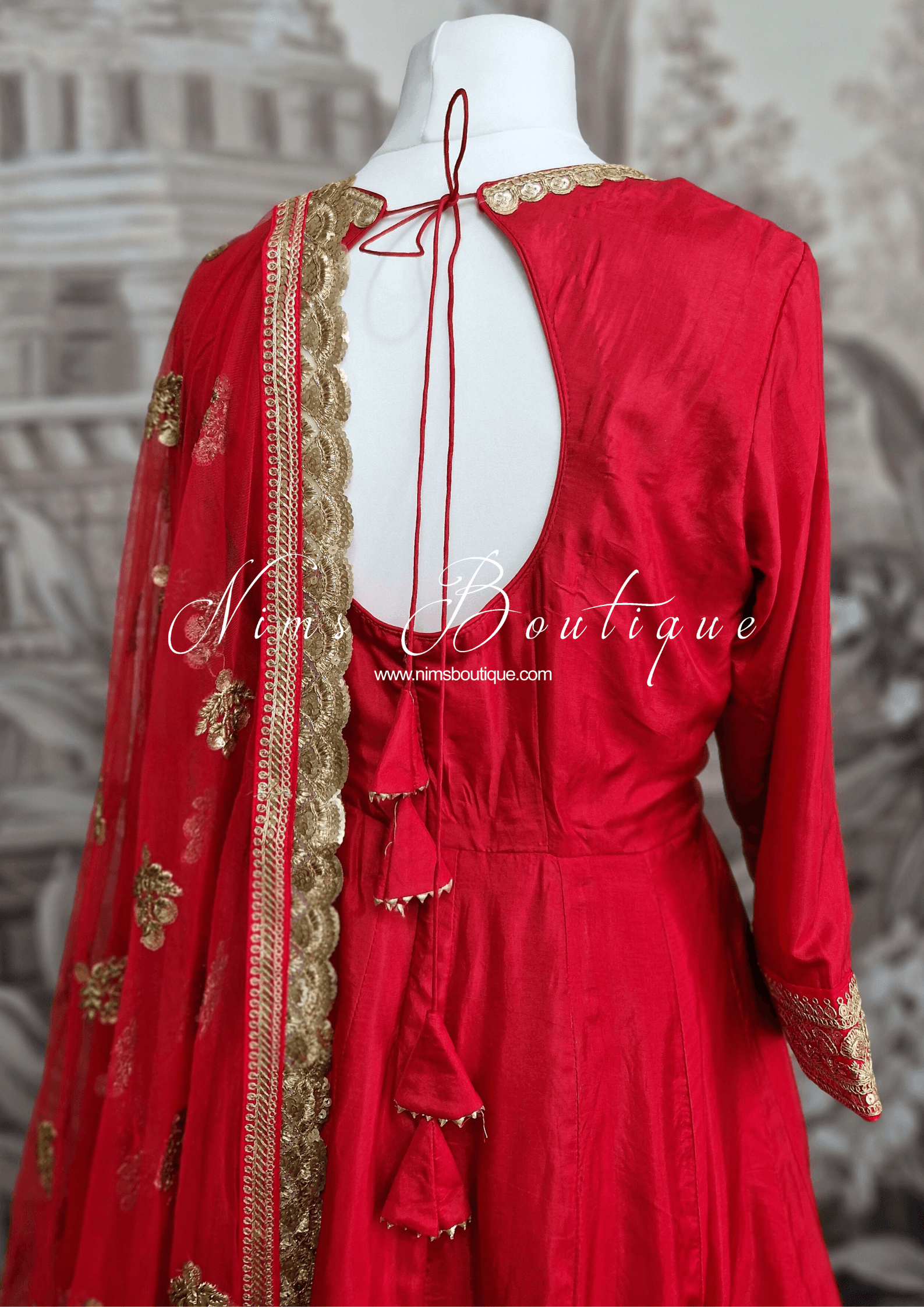 Nims Boutique Rashmi Luxury Red Silk Anarkali Suit with Pajami Sizes 4-16