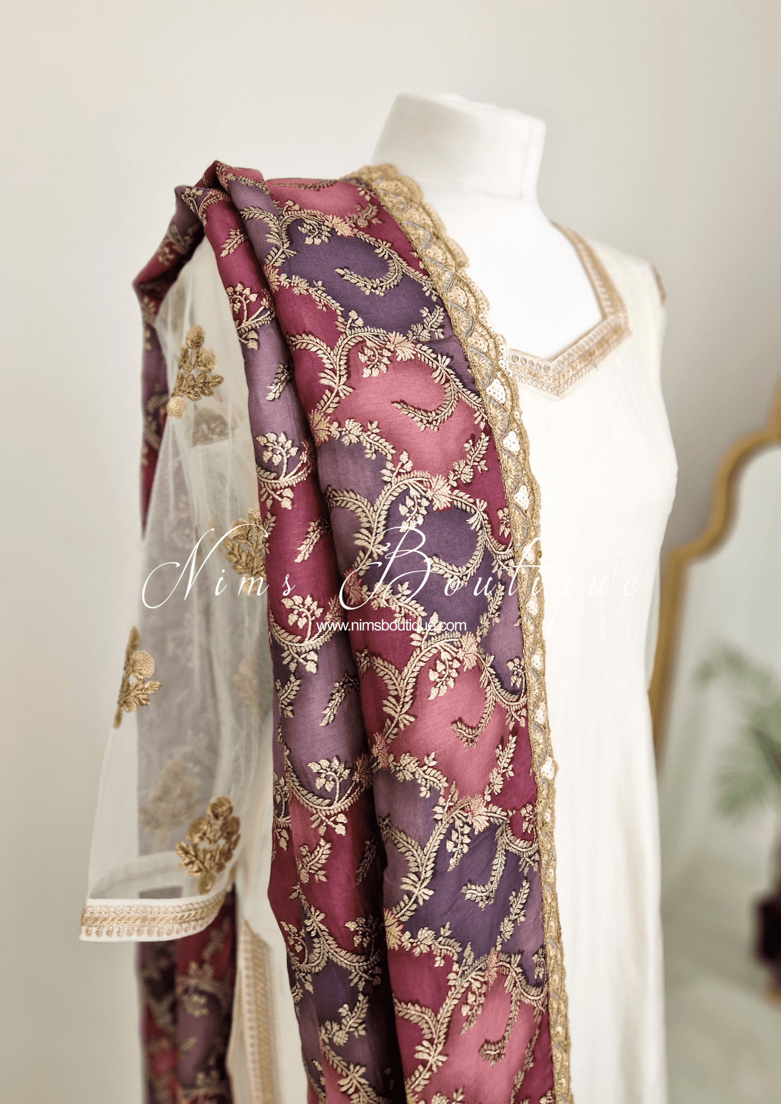 Nims Boutique The NB Classic Long Sleeved Ivory Silk & Multicolour Salwar Suit 8-20