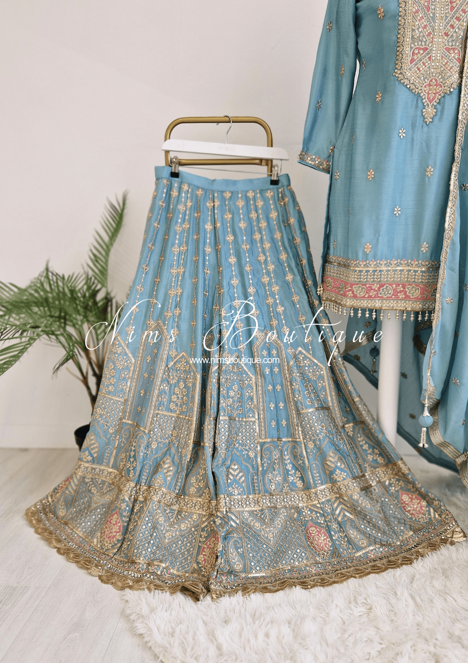 Nims Boutique Luxury Powder Blue Embroidered Sharara Suit Size 12-14