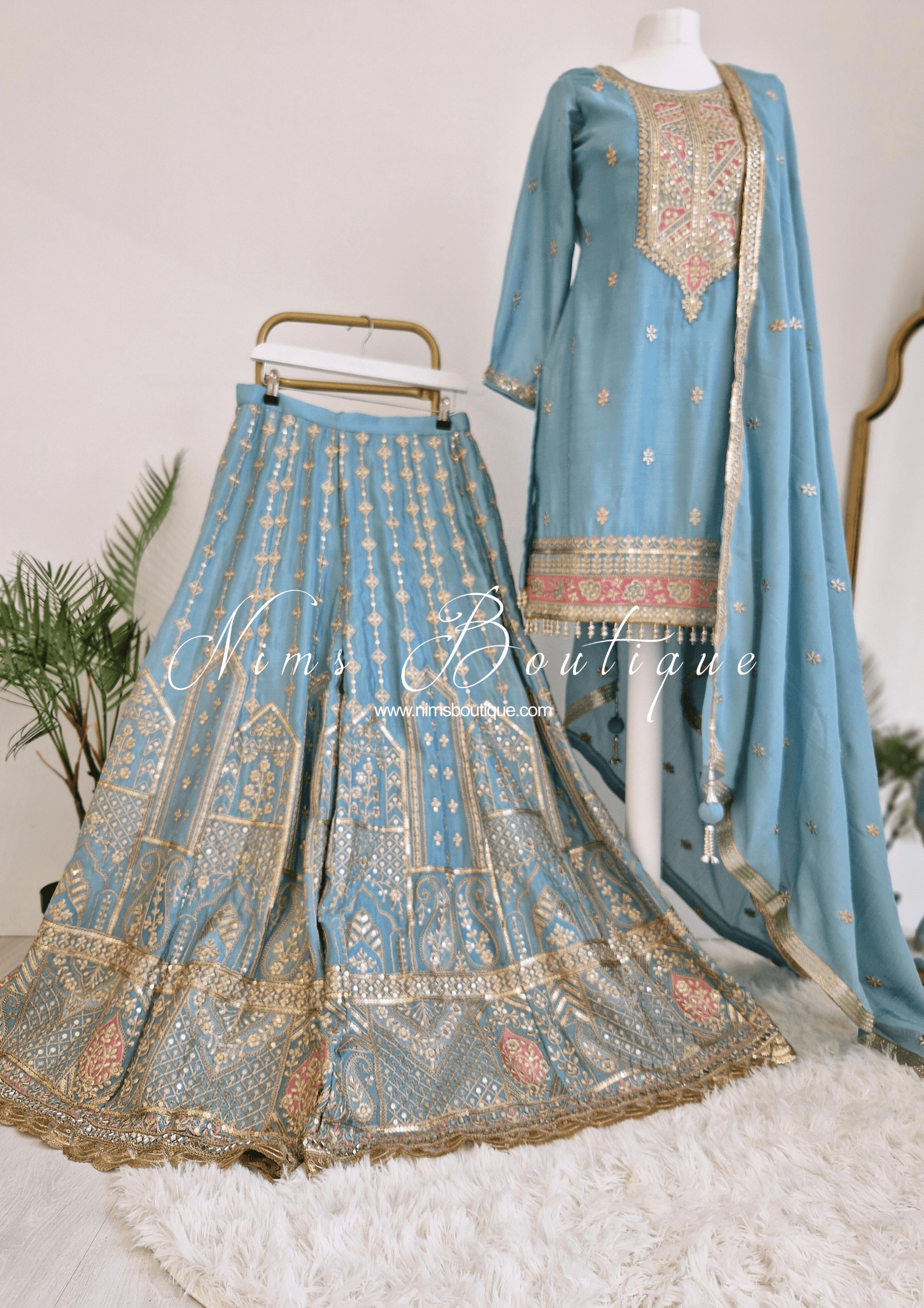 Nims Boutique Luxury Powder Blue Embroidered Sharara Suit Size 12-14