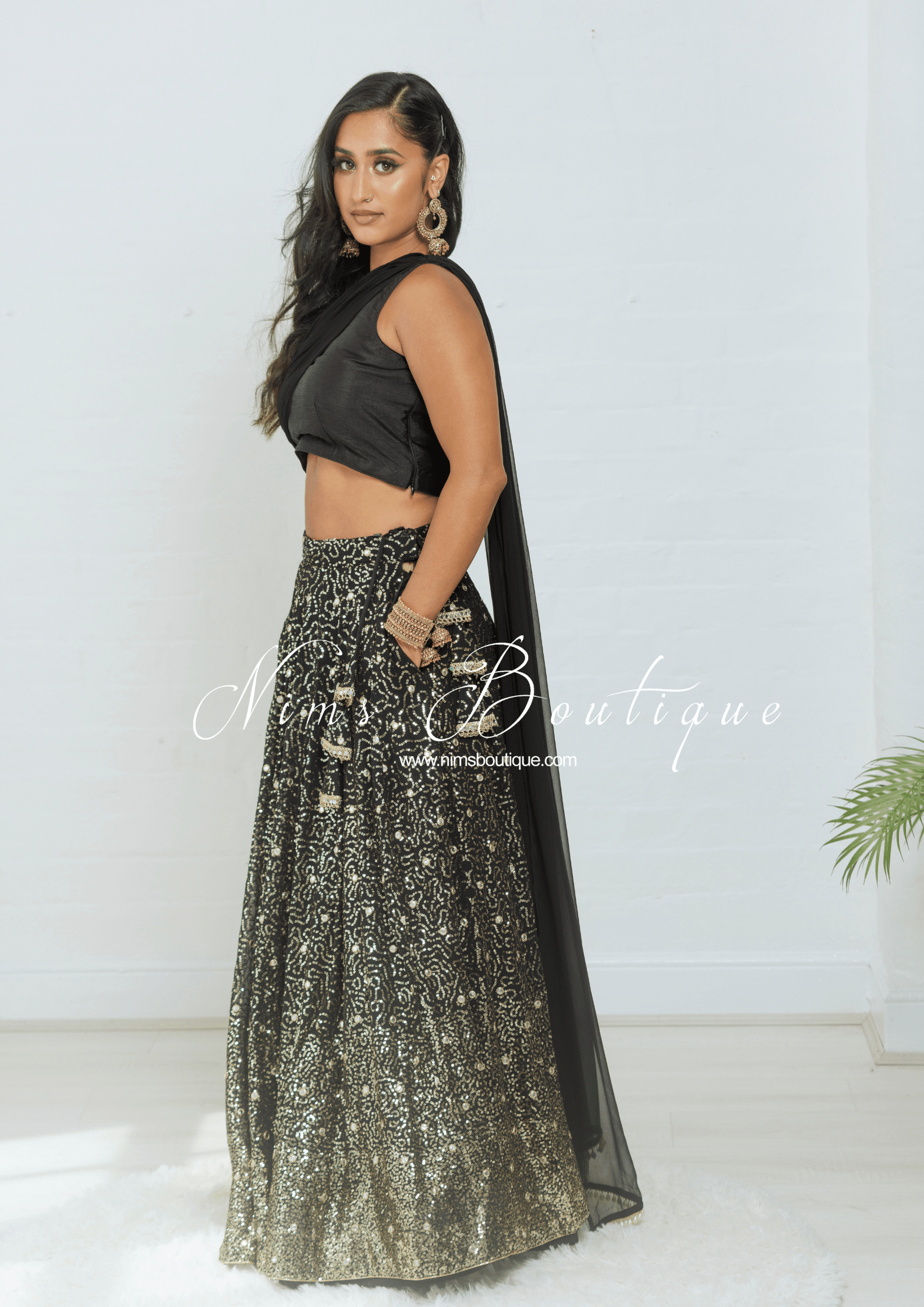 Nims Boutique Arya Black Luxury One Shoulder & Dupatta blouse 6-18