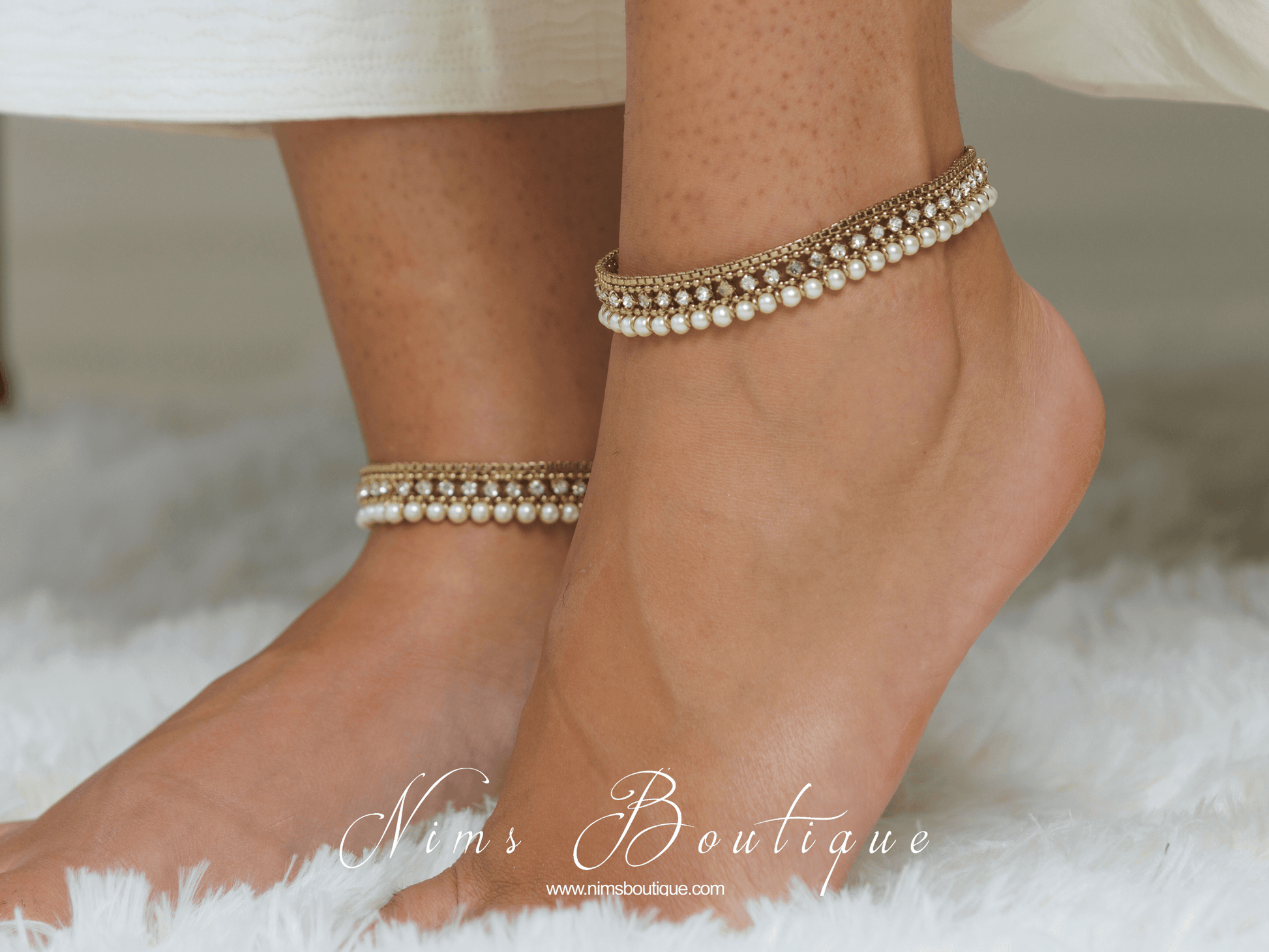 Nims Boutique Pair of Royal Antique Gold & Pearl Anklets
