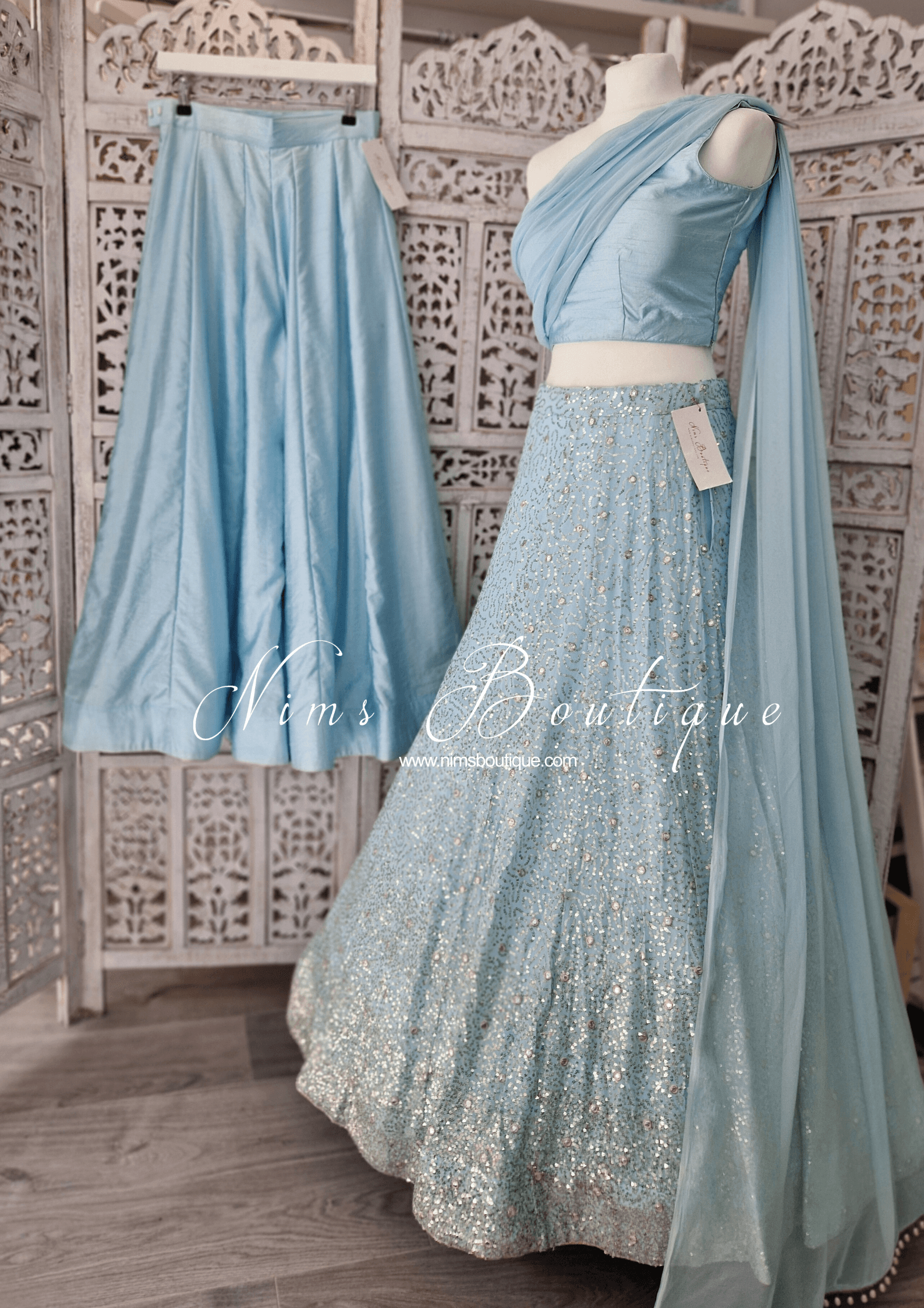 Nims Boutique Arya Powder Blue Luxury One Shoulder & Dupatta blouse 4-10