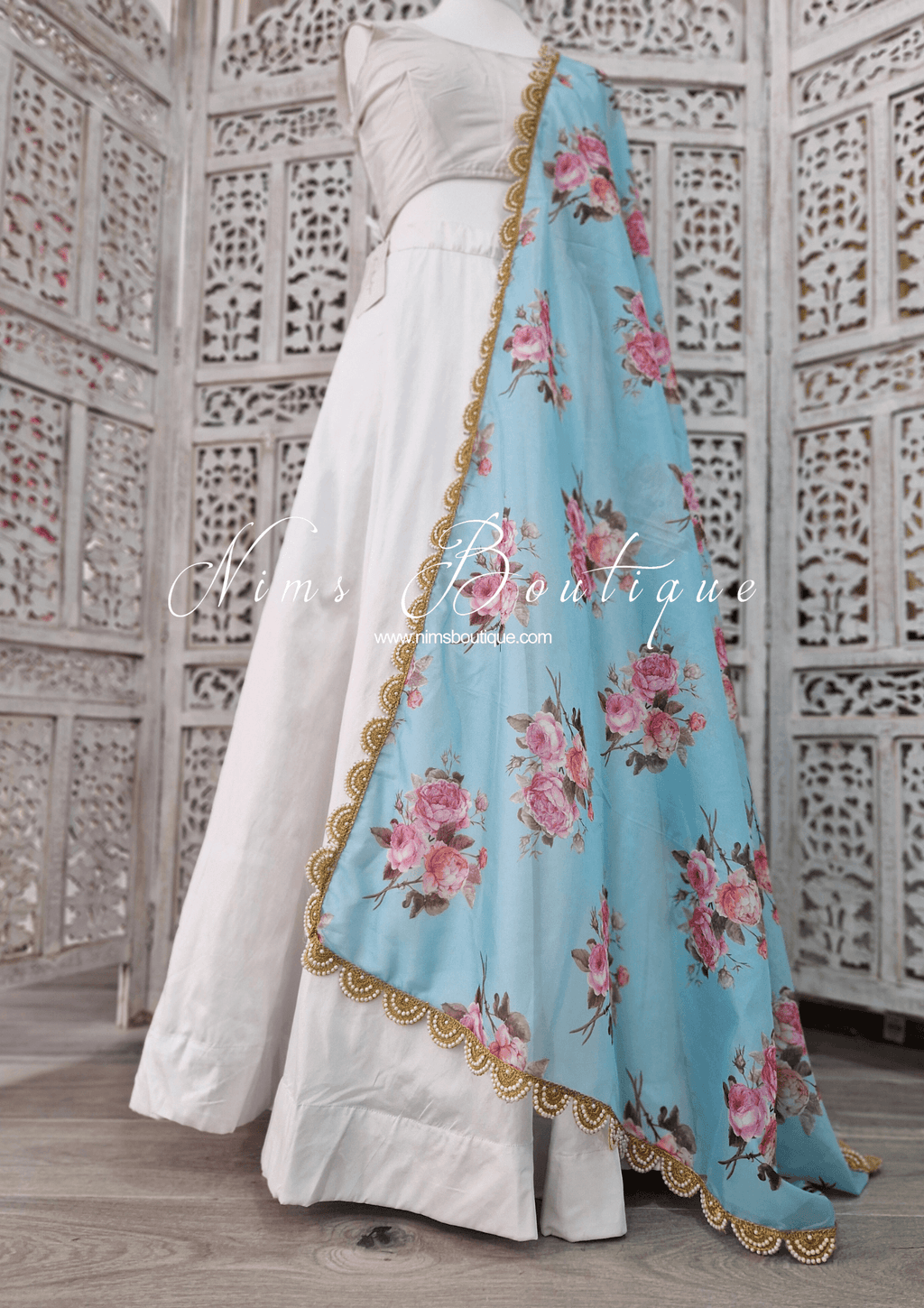 Nims Boutique Luxury Blue Organza Floral Dupatta/Chunni with Pearl Edging