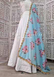 Luxury Blue Organza Floral Dupatta/Chunni with Pearl Edging