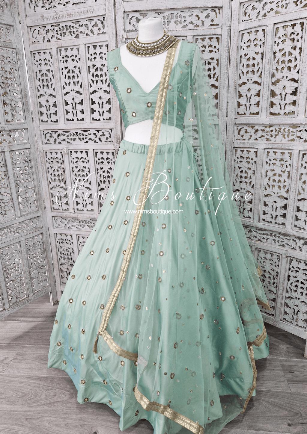 Nims Boutique Rani Luxury Mint Mirror readymade skirt/lehnga size 4-24