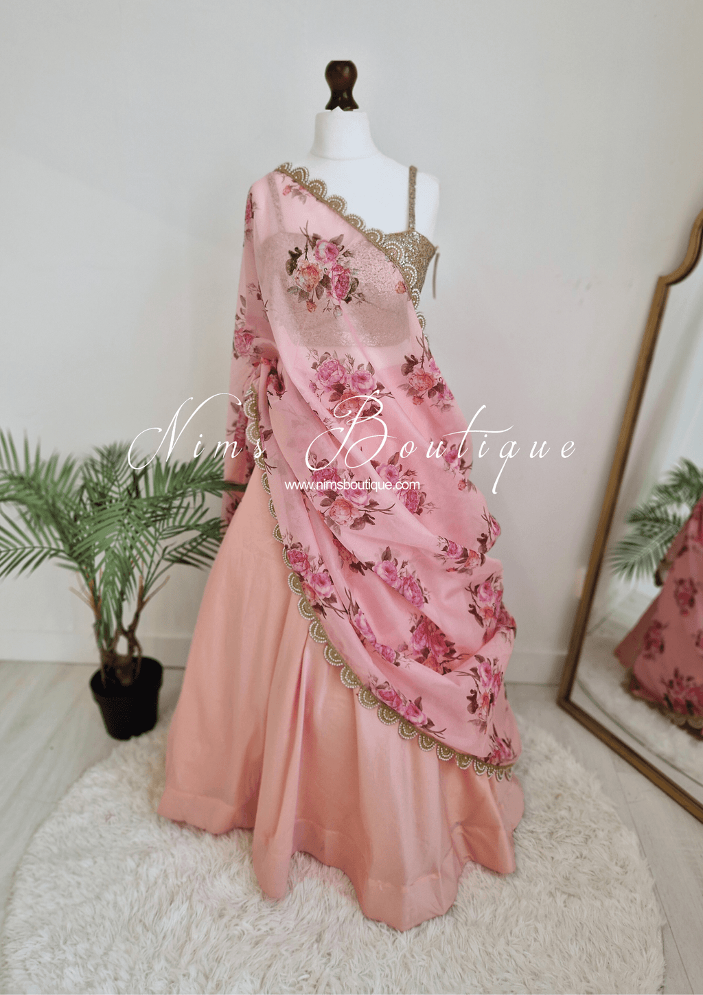 Nims Boutique Luxury Peach Organza Floral Dupatta/Chunni with Pearl Edging