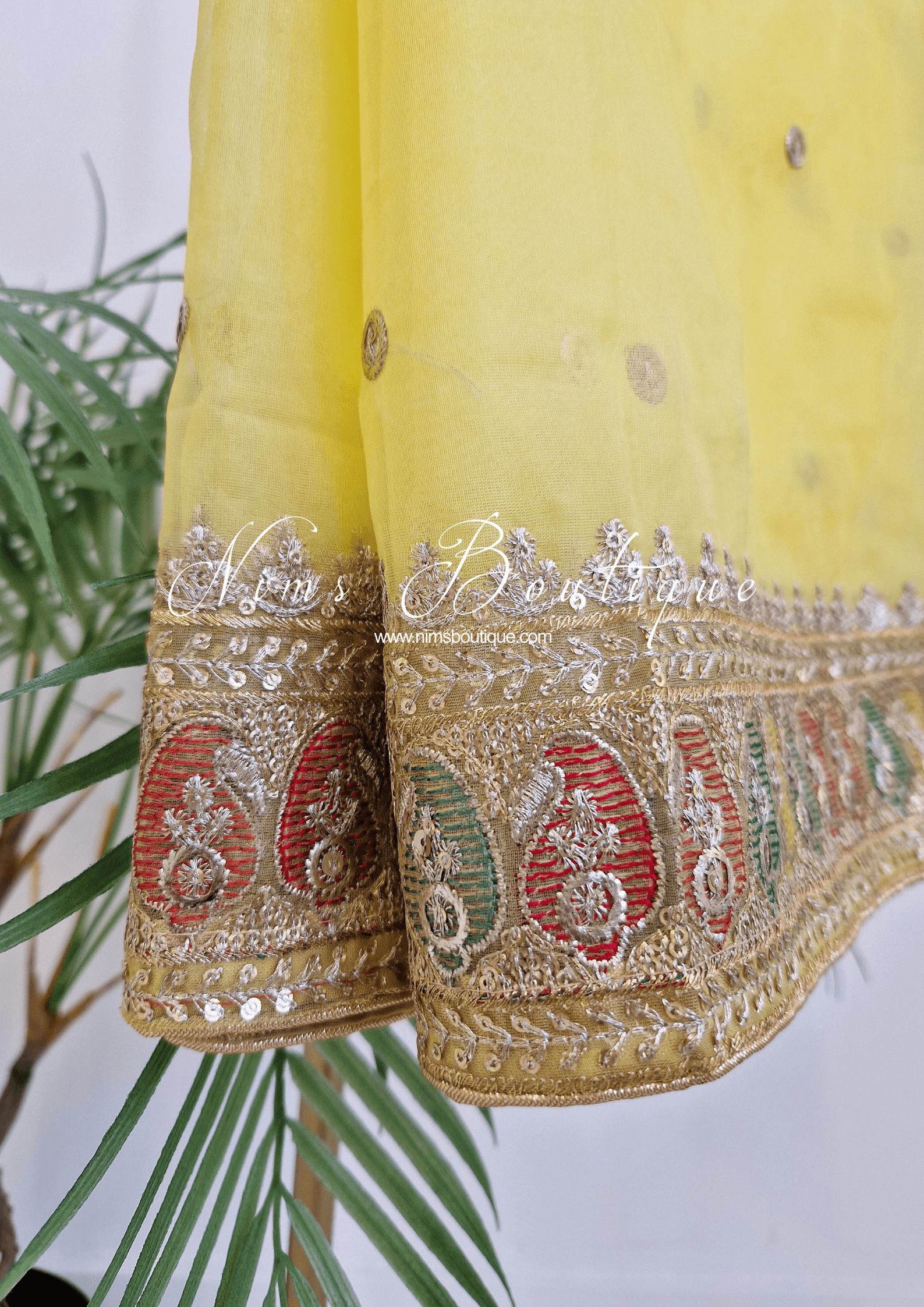 Nims Boutique Sunidhi Yellow Multicolour Organza Dupatta/Chunni