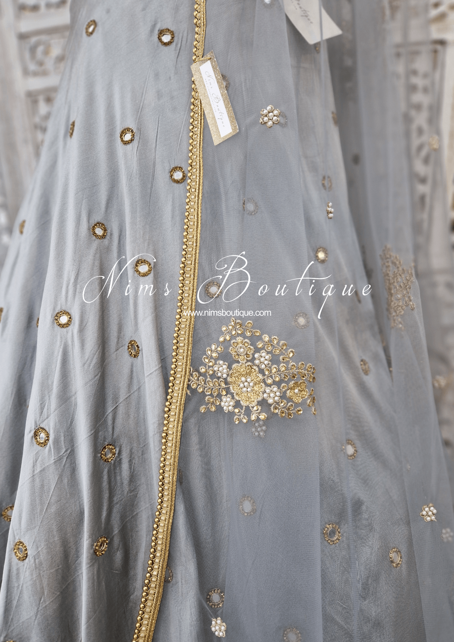 Nims Boutique Grey Net Pearl Embellished Dupatta/Chunni with Gold Bead Edging GB1