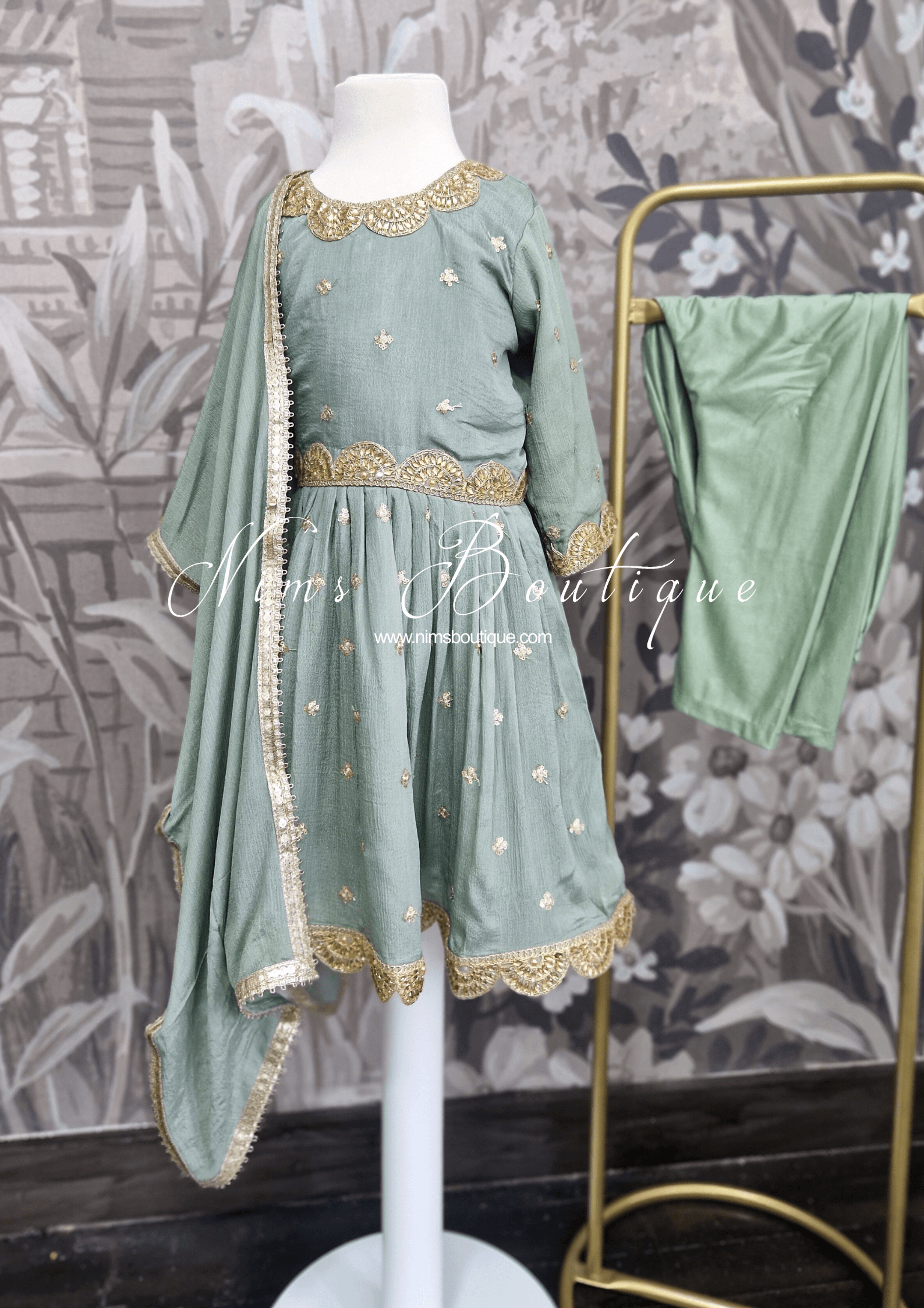 Nims Boutique Sage Green Sequin Frock Kids Pajami Suit