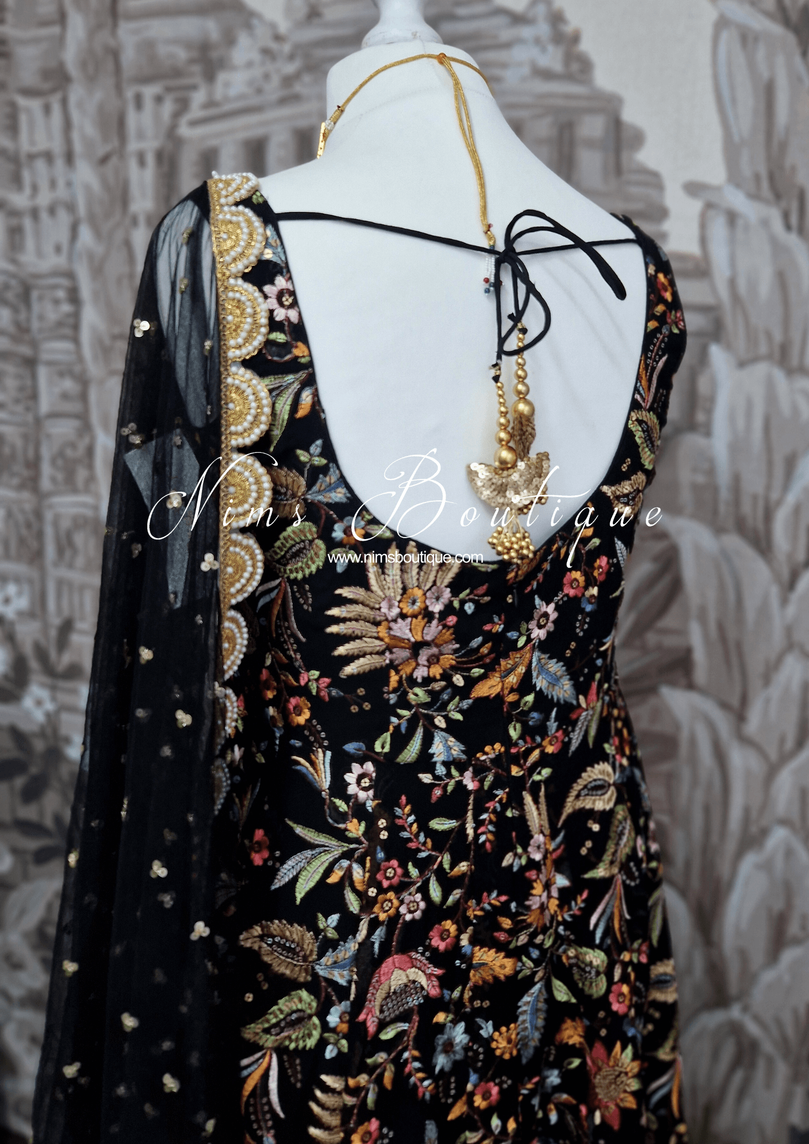 Nims Boutique Sarika Luxury Black & Multicolour Anarkali Suit with Pajami sizes 12-22