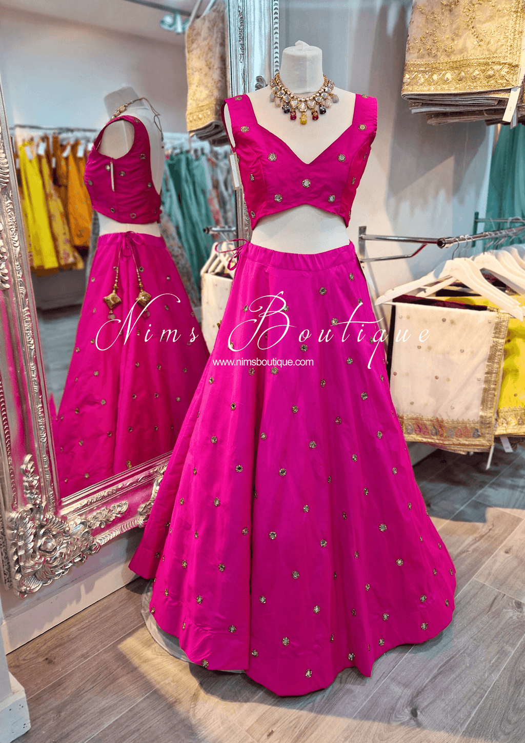 Nims Boutique Rani Luxury Hot Pink Mirror readymade skirt/lehnga sizes 4-22