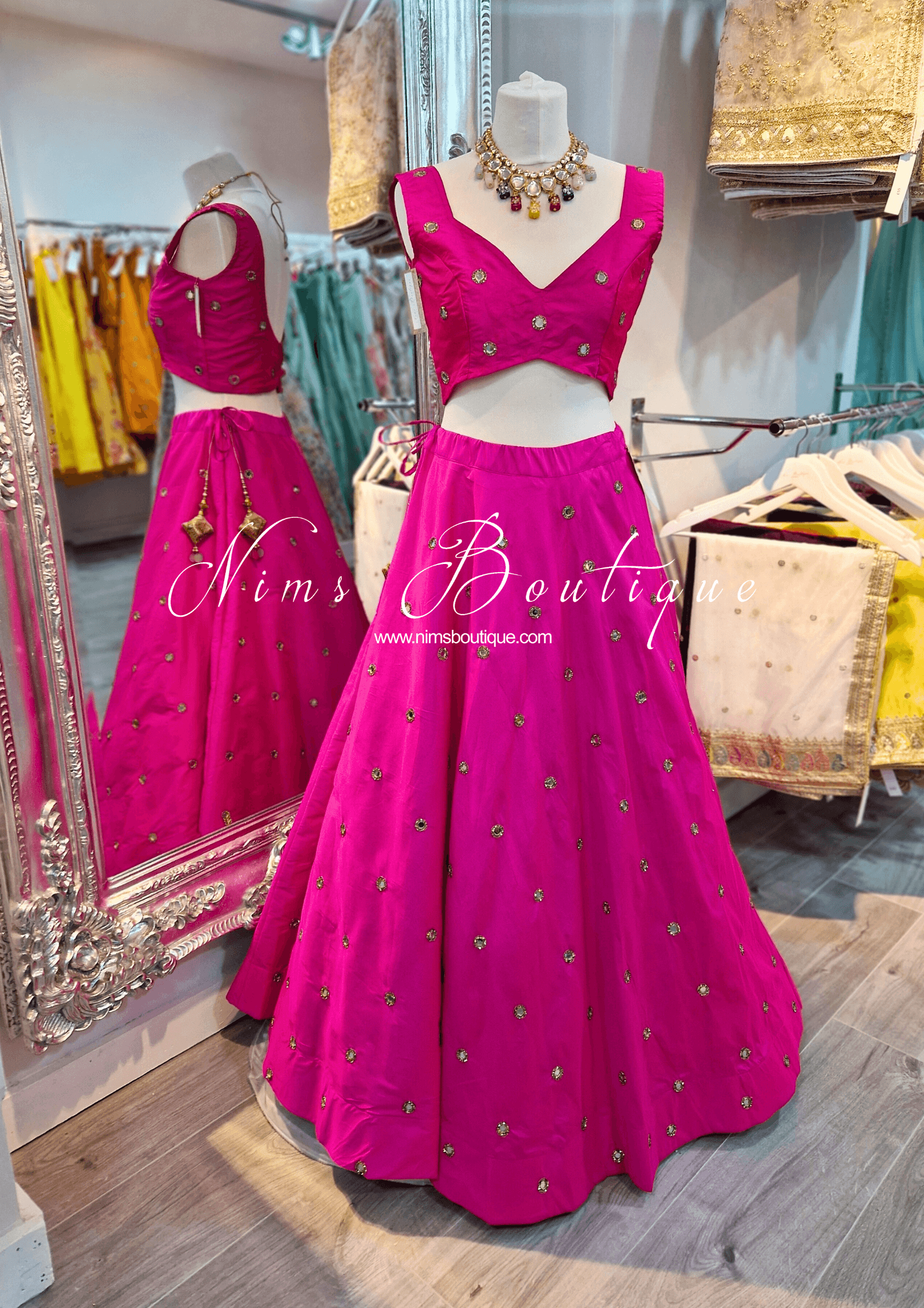 Nims Boutique Rani Luxury Hot Pink Mirror readymade skirt/lehnga sizes 4-22