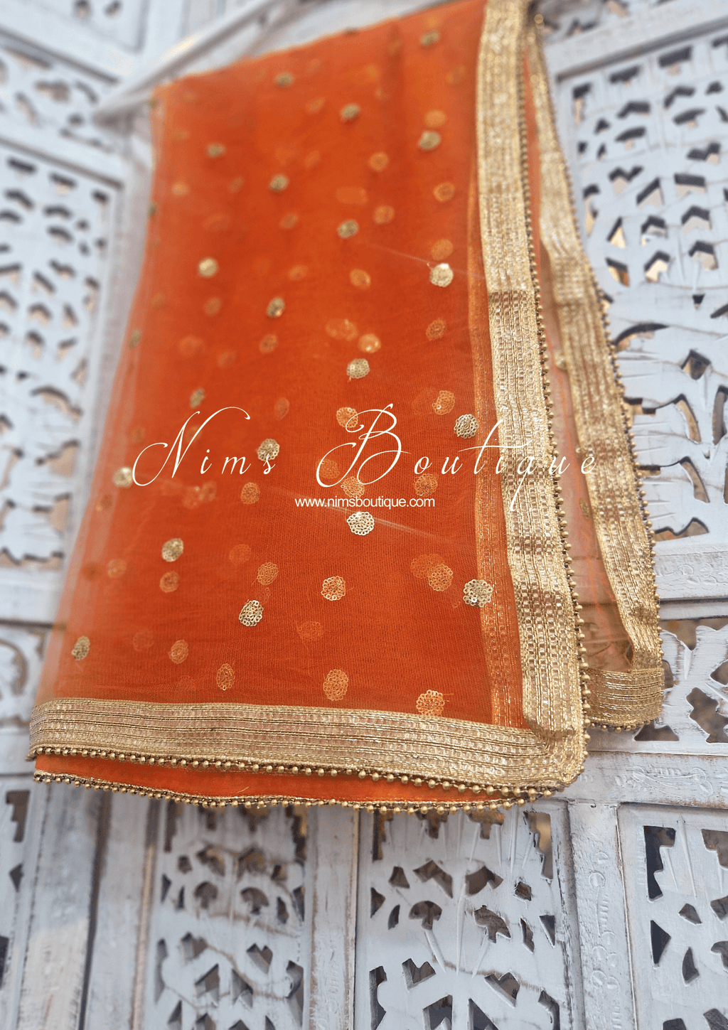 Nims Boutique NB Orange Net Sequin Dupatta/Chunni