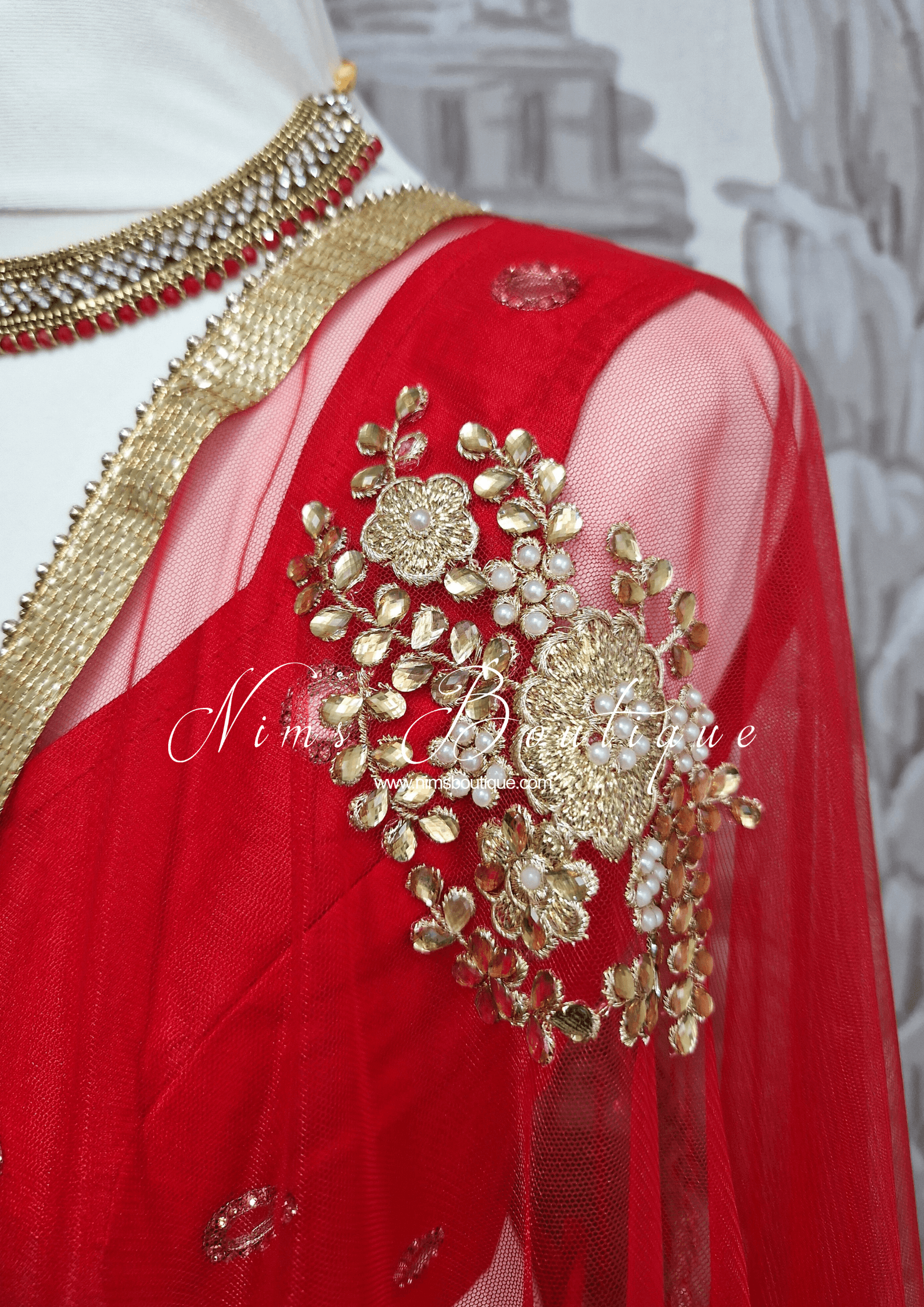 Nims Boutique Red Net Pearl Embellished Dupatta/Chunni NP1