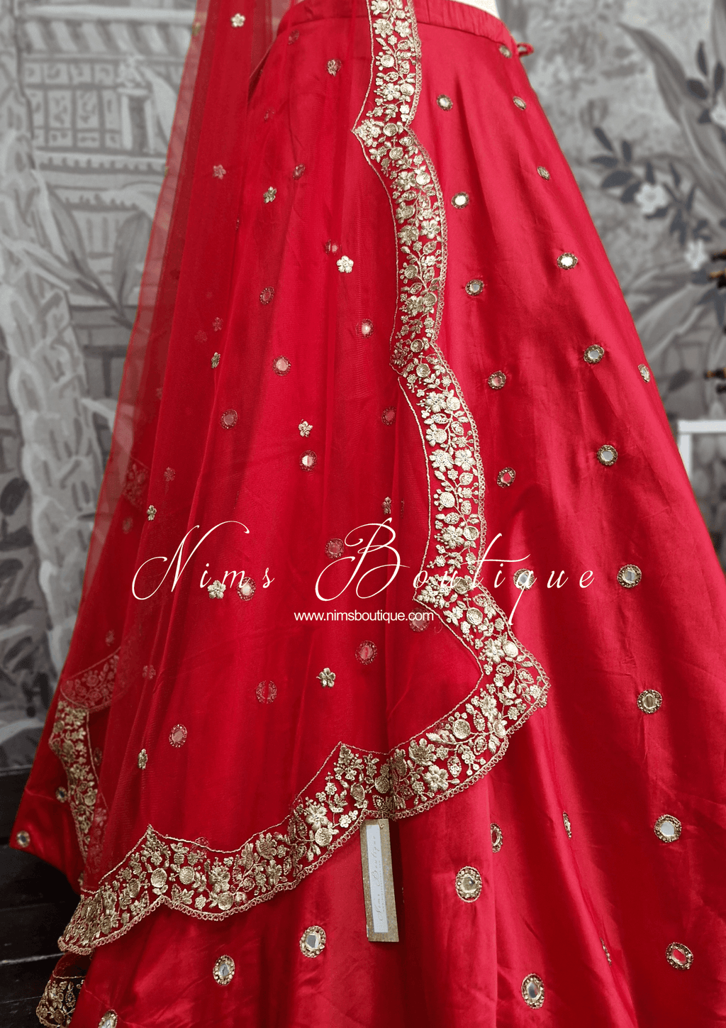 Nims Boutique Luxury Red Net Sequin Scallop Edge Dupatta/Chunni SE2