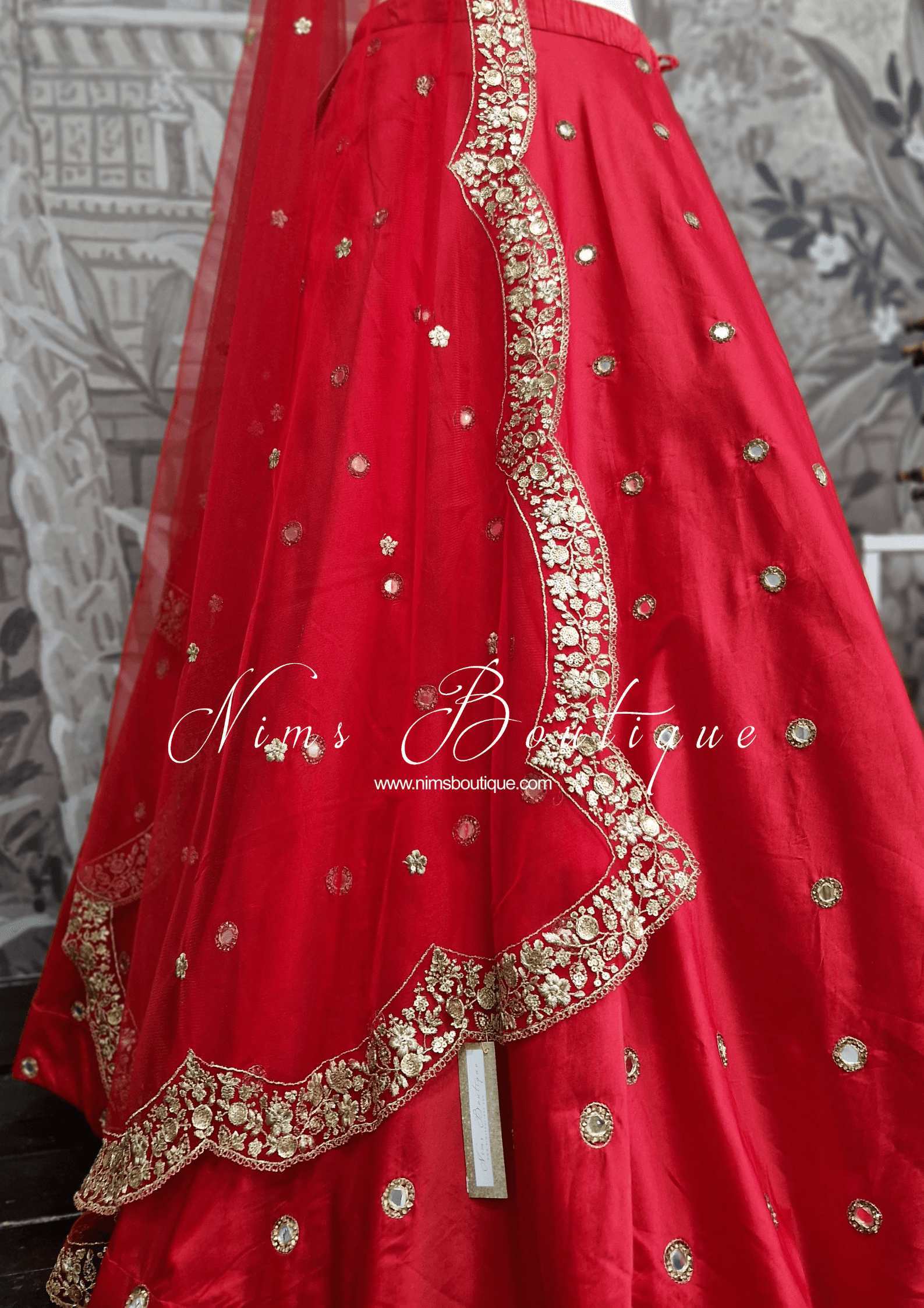 Nims Boutique Luxury Red Net Sequin Scallop Edge Dupatta/Chunni SE2