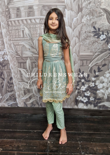 Sage Green Sleeveless Sequin Frock Kids Pajami Suit