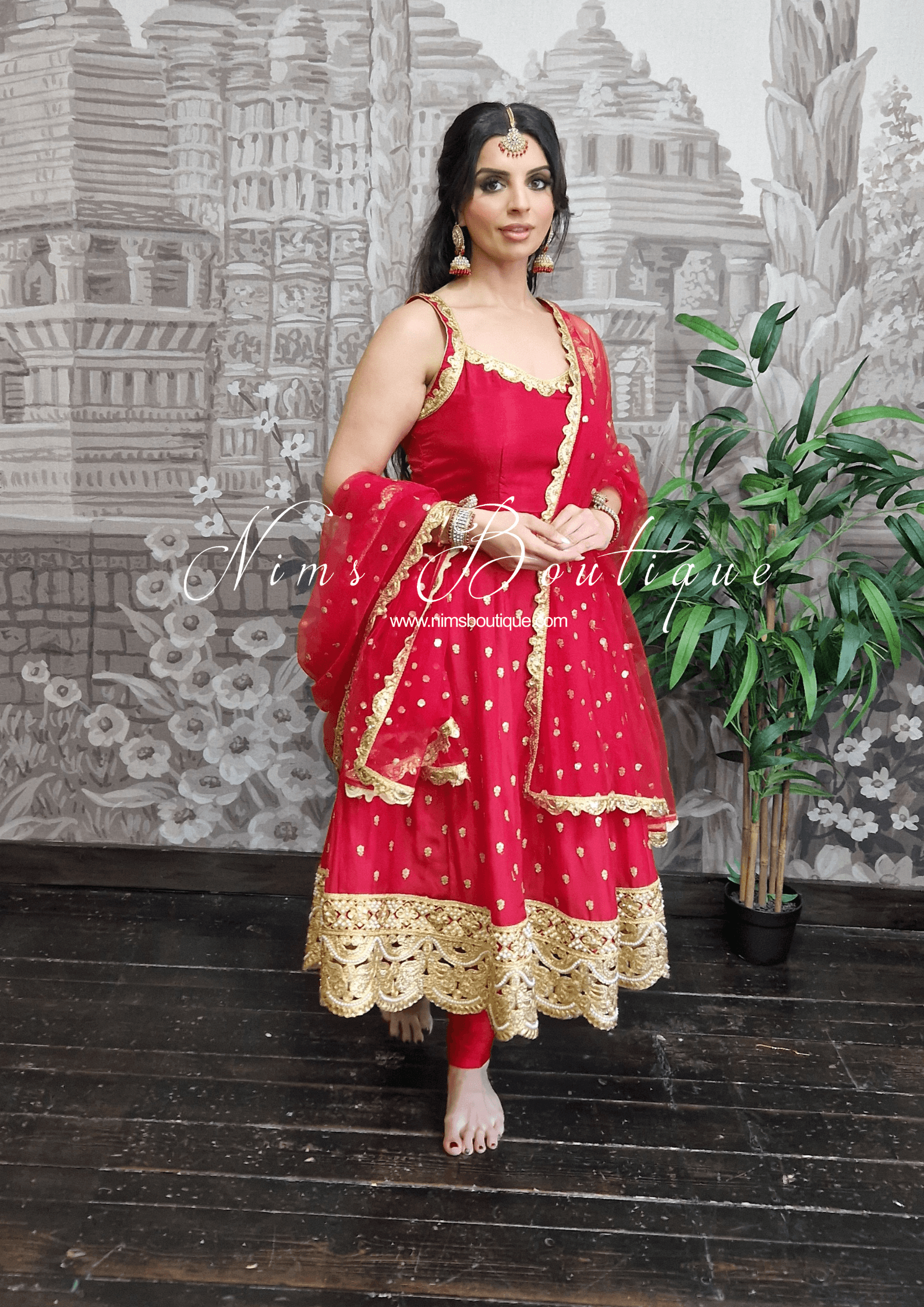 Nims Boutique The NB Luxury Red Silk Anarkali with Pajami size 4-12