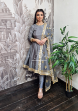 Nims Boutique Limited Edition Rashmi Luxury Dark Grey Silk Anarkali Suit with Pajami 10-12