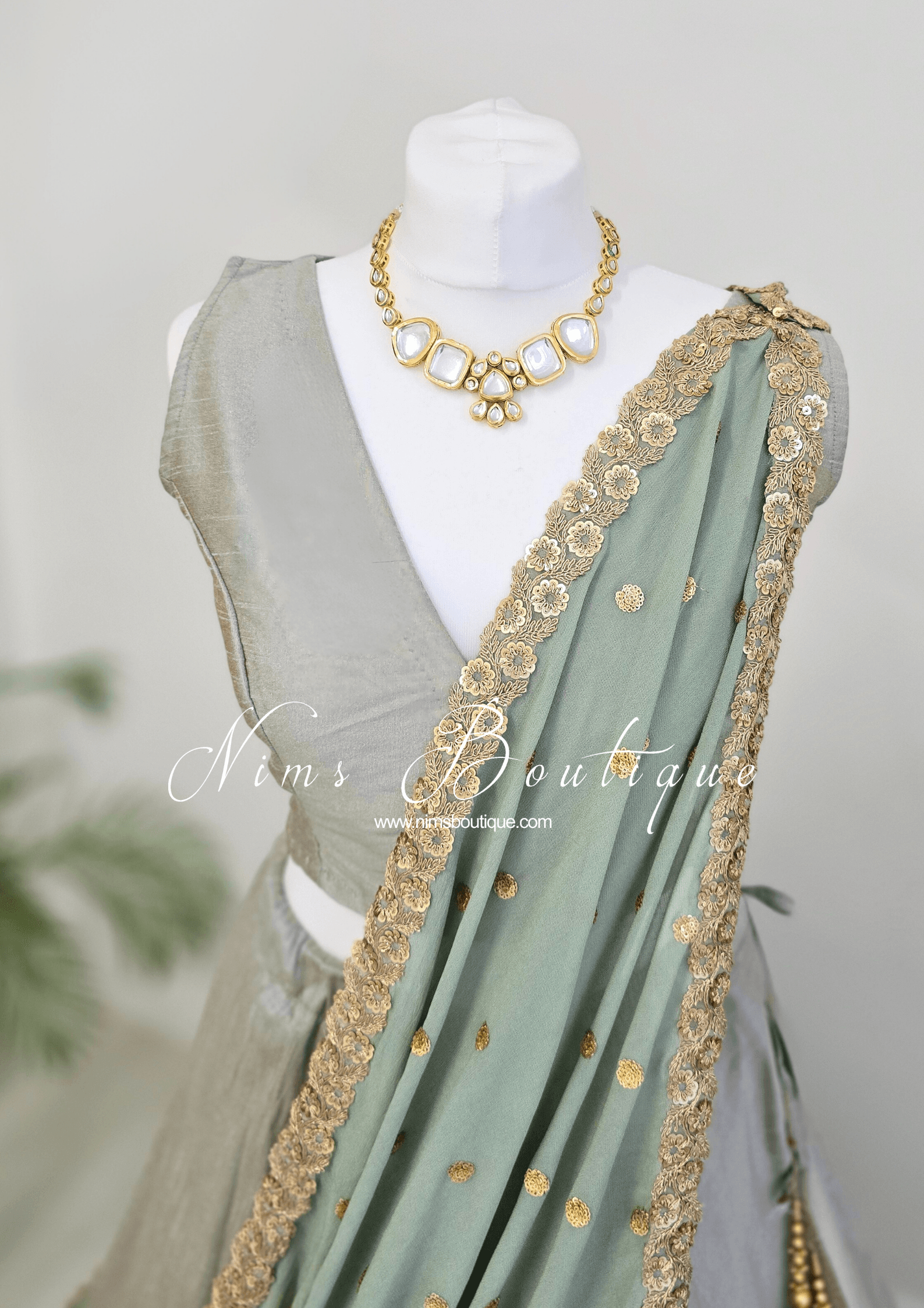 Nims Boutique Ria Luxury Sage Green Georgette Dupatta/Chunni