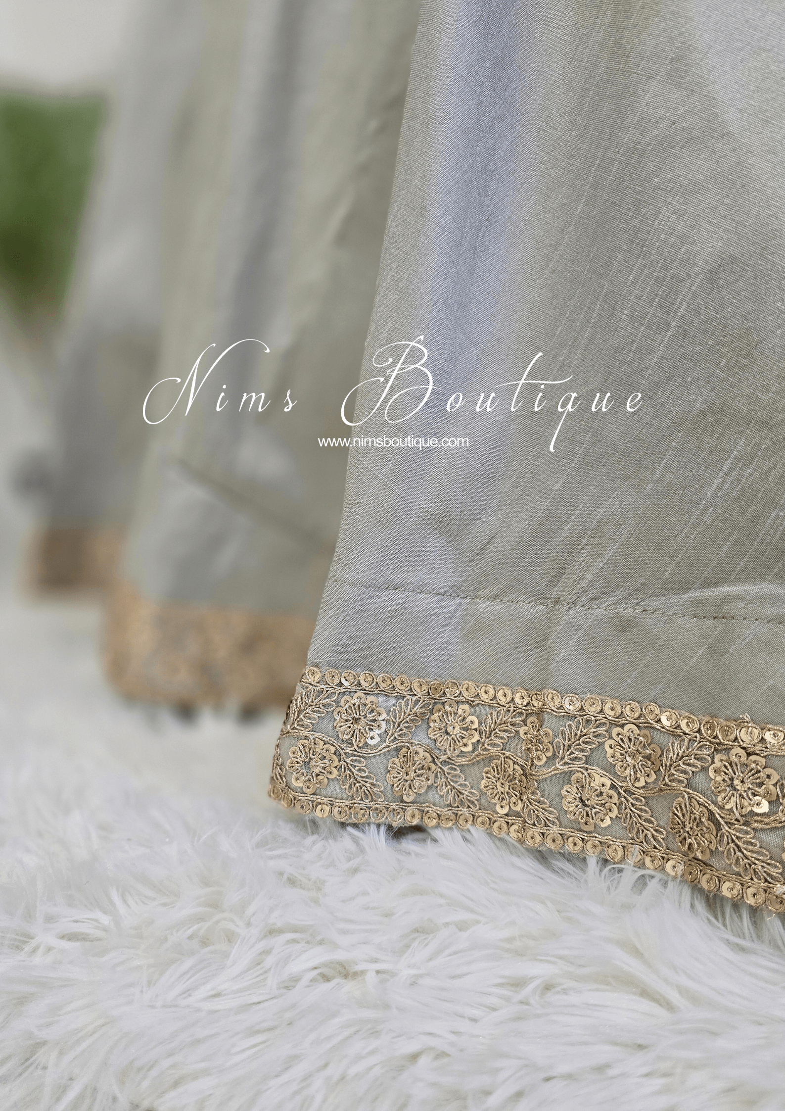 Nims Boutique Saloni Readymade Sage Grey Raw Silk skirt/lehnga sizes 4-24