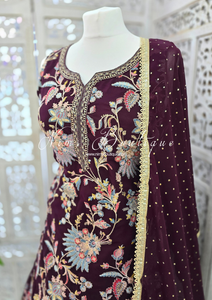 Dark Aubergine Embroidered Sharara Suit (Size 10-12)