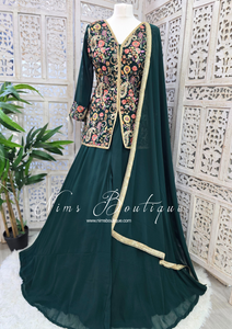 Dark Green Multicolour Embroidered Jacket Sharara Suit (Size 10-12)