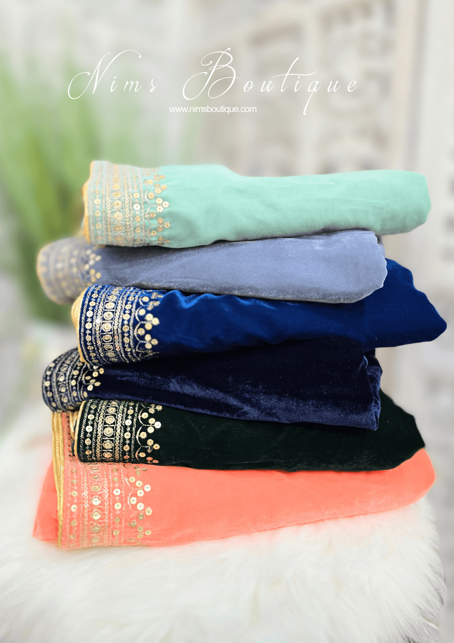 Nims Boutique Luxury Teal Blue Velvet Embroidered Shawl