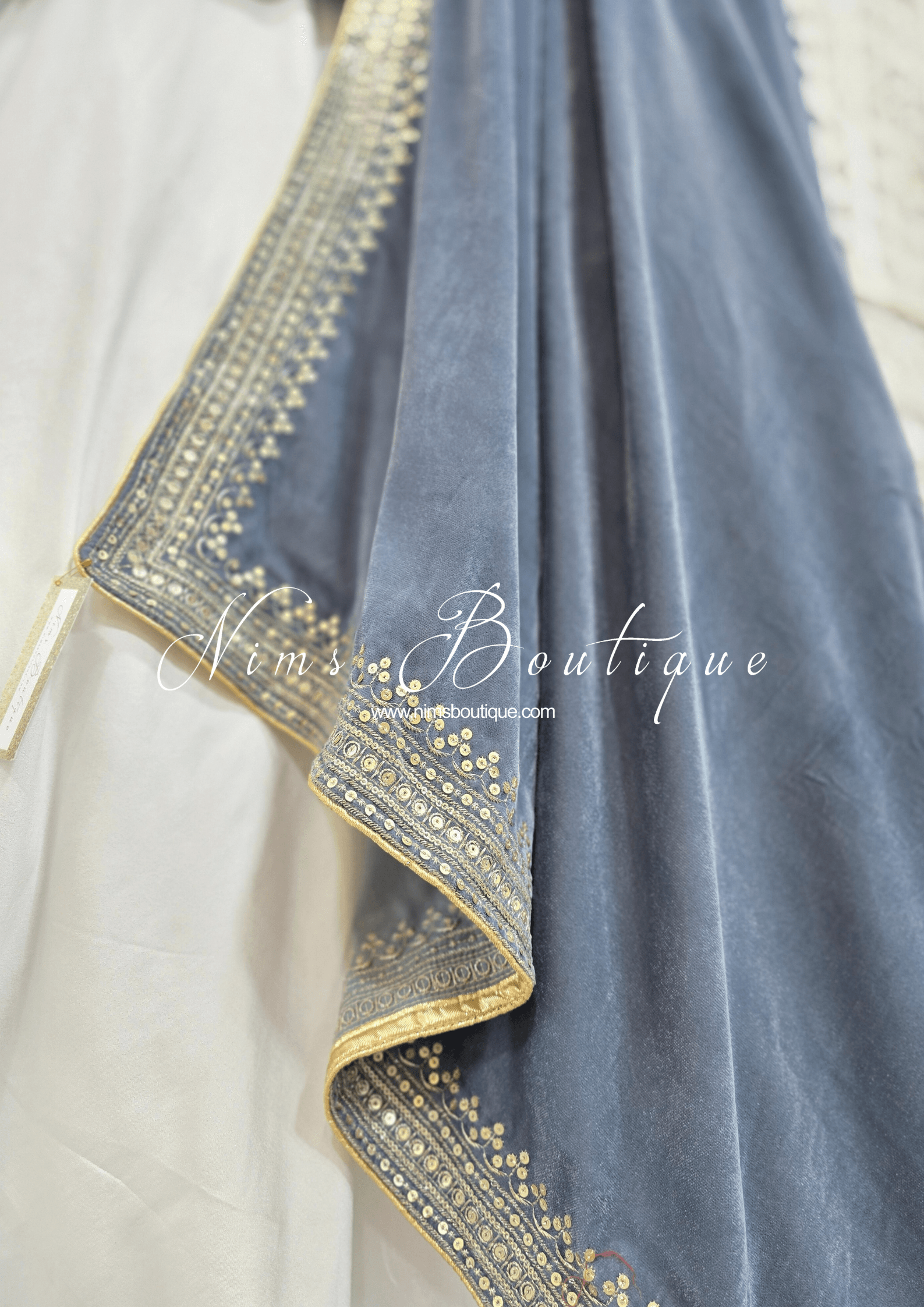 Nims Boutique Luxury Grey Velvet Embroidered Shawl