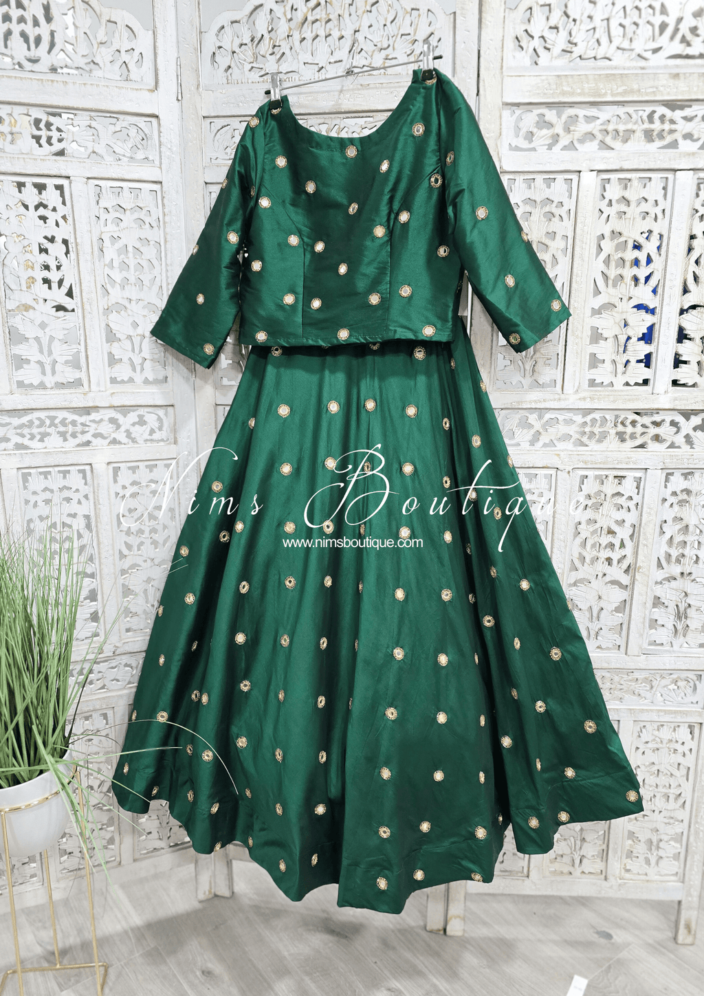 Nims Boutique Rani Luxury Silk Dark Green Mirror readymade skirt/lehnga size 4-18