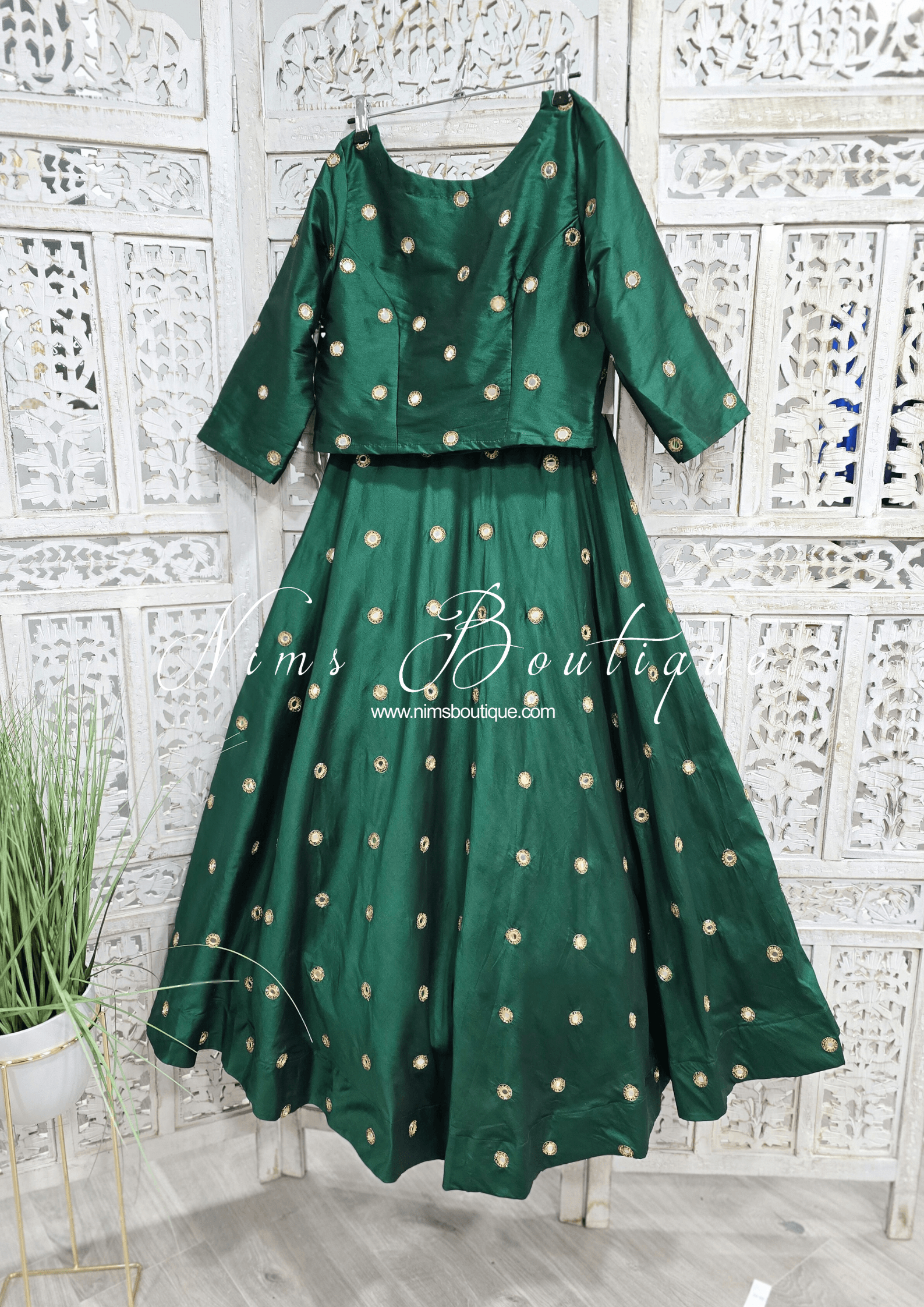 Nims Boutique Rani Luxury Silk Dark Green Mirror readymade skirt/lehnga size 4-18