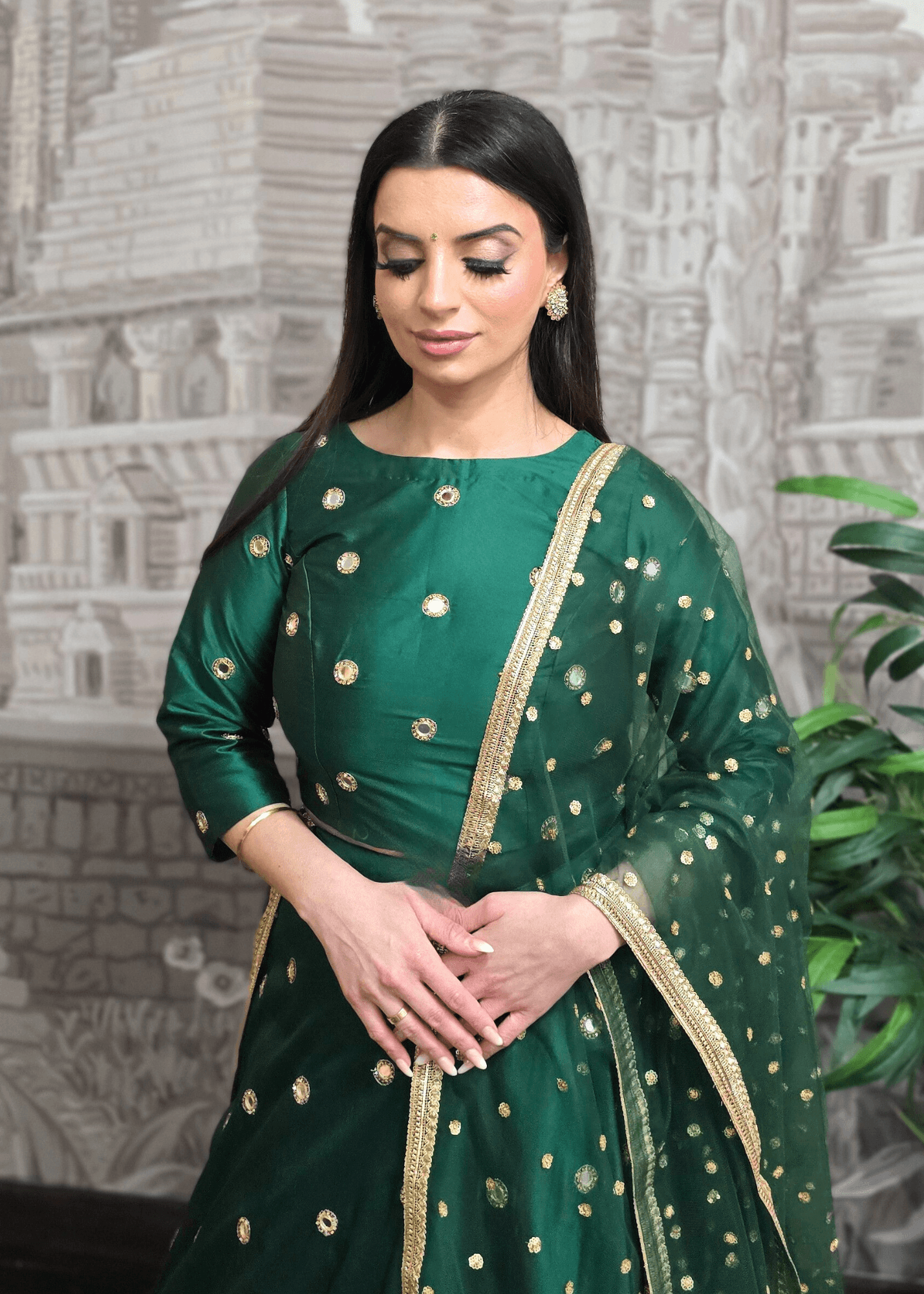 Nims Boutique Rani Luxury Dark Green Silk Mirror Blouse with sleeves size 8-18