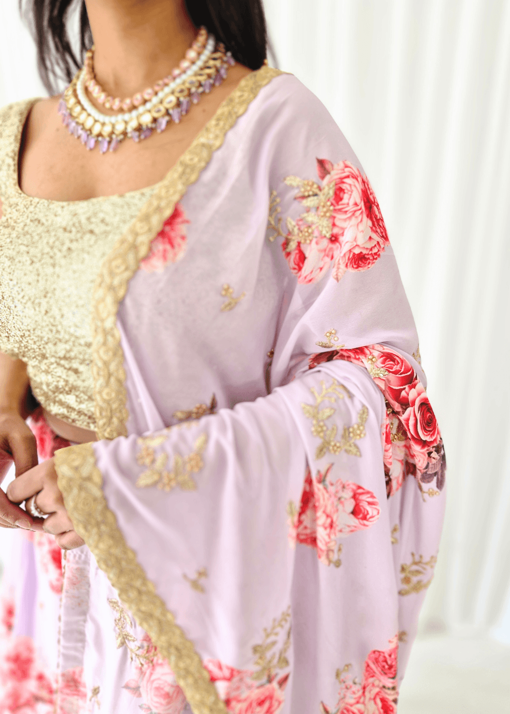 La Floraison Lilac Floral Georgette Dupatta/Chunni