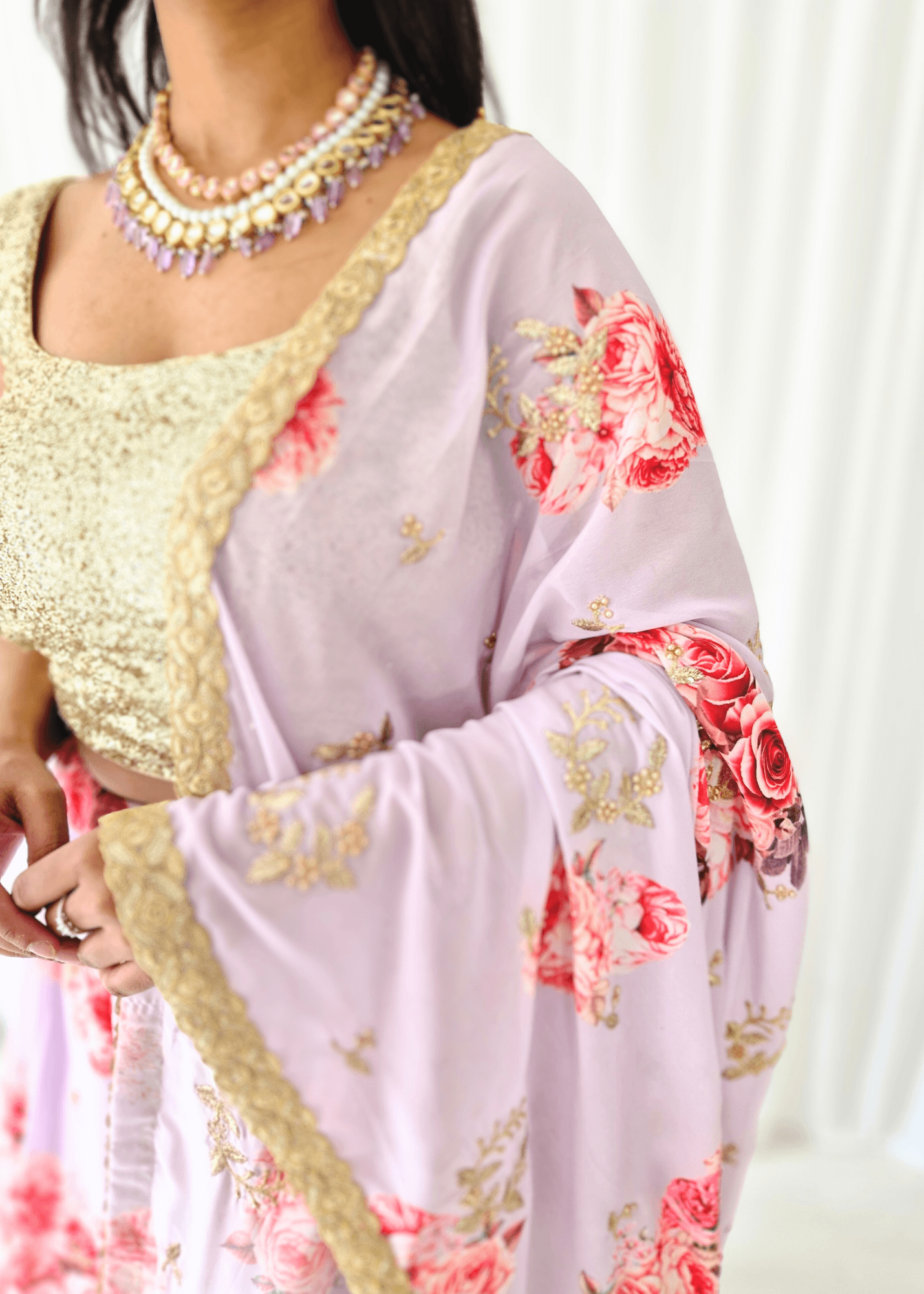La Floraison Lilac Floral Georgette Dupatta/Chunni
