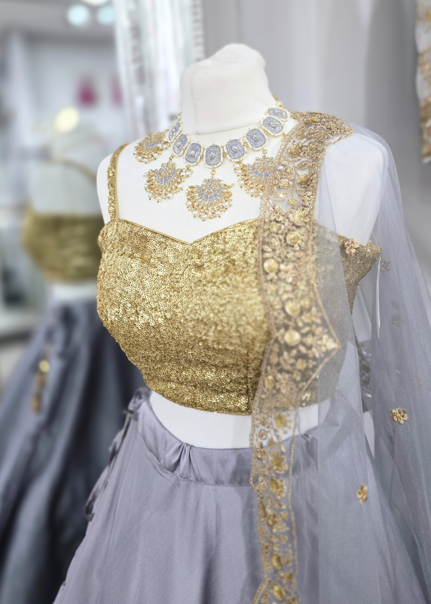 Mishka Light Grey Blossom Meenakari  Set