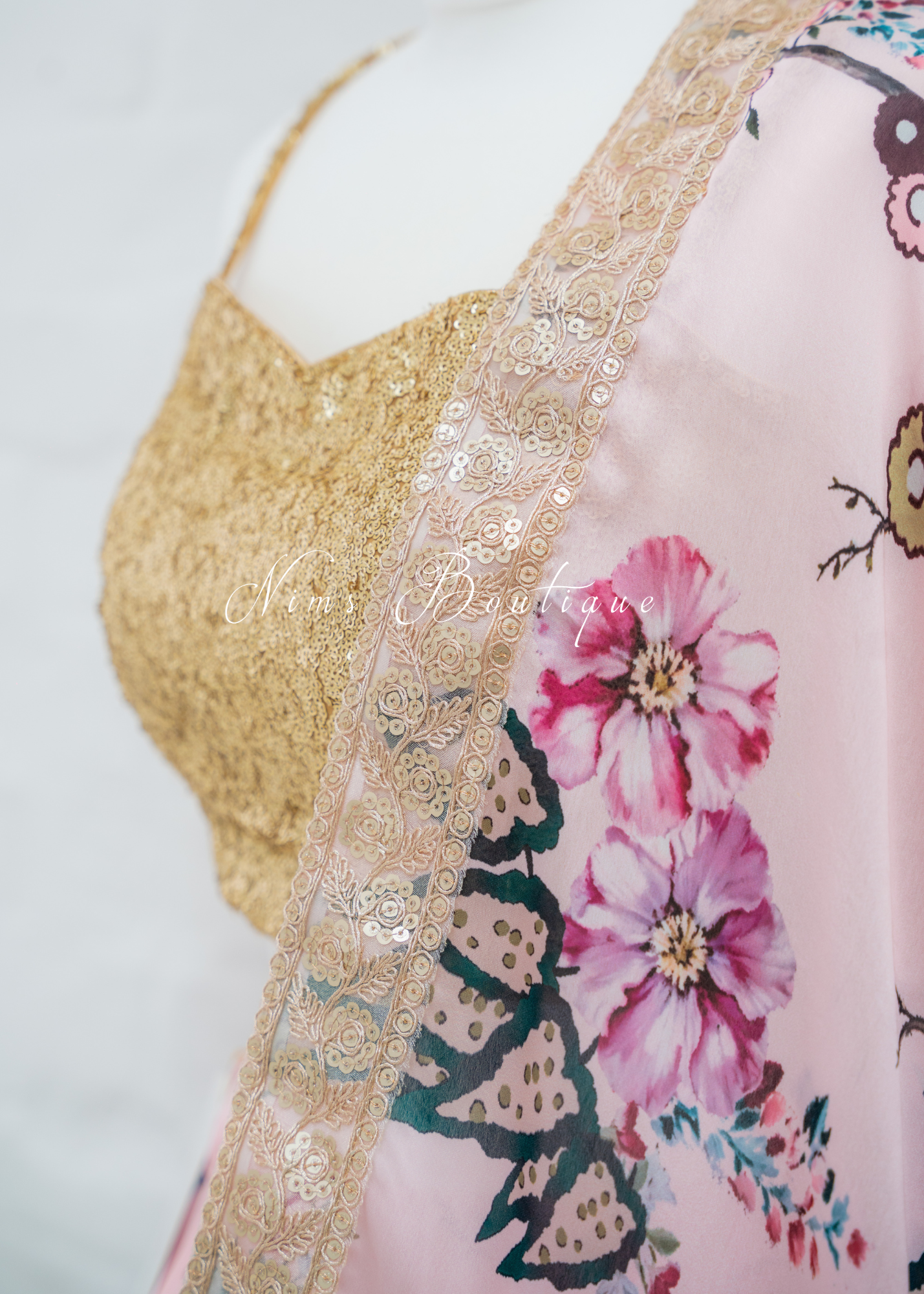 Sakura Pink Satin Print Dupatta/Chunni sequin edging