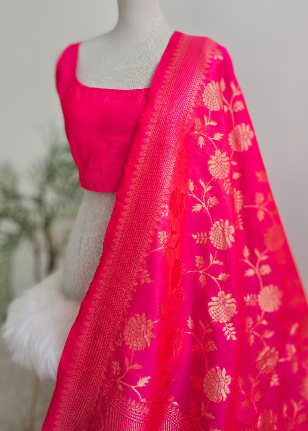 Bright Pink Floral Silk Banarsi Dupatta/Chunni (BN4)
