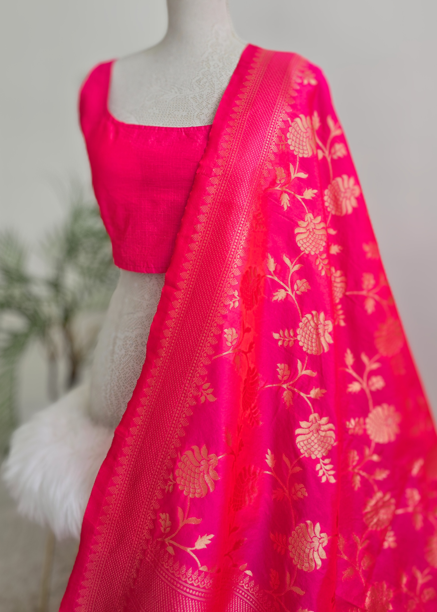 Bright Pink Floral Silk Banarsi Dupatta/Chunni (BN4)