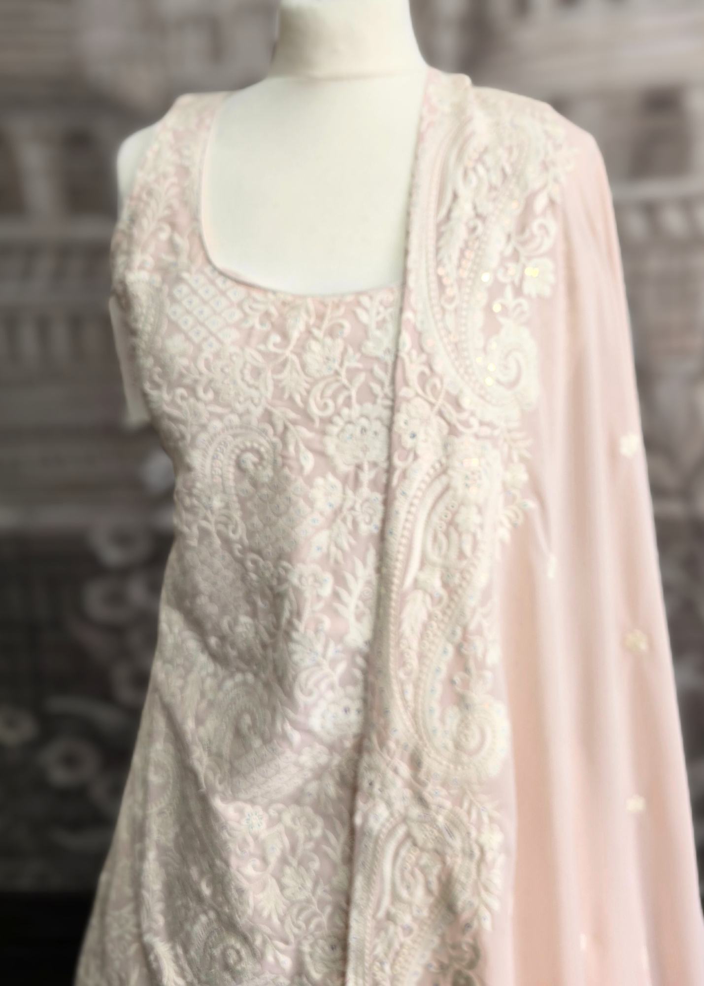 Ivory & Light Peach Thread Embroidered Sharara Suit (Size 10-12)