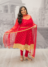 The NB Luxury Red Silk Anarkali Pajami Suit with sleeves (size 12-24)