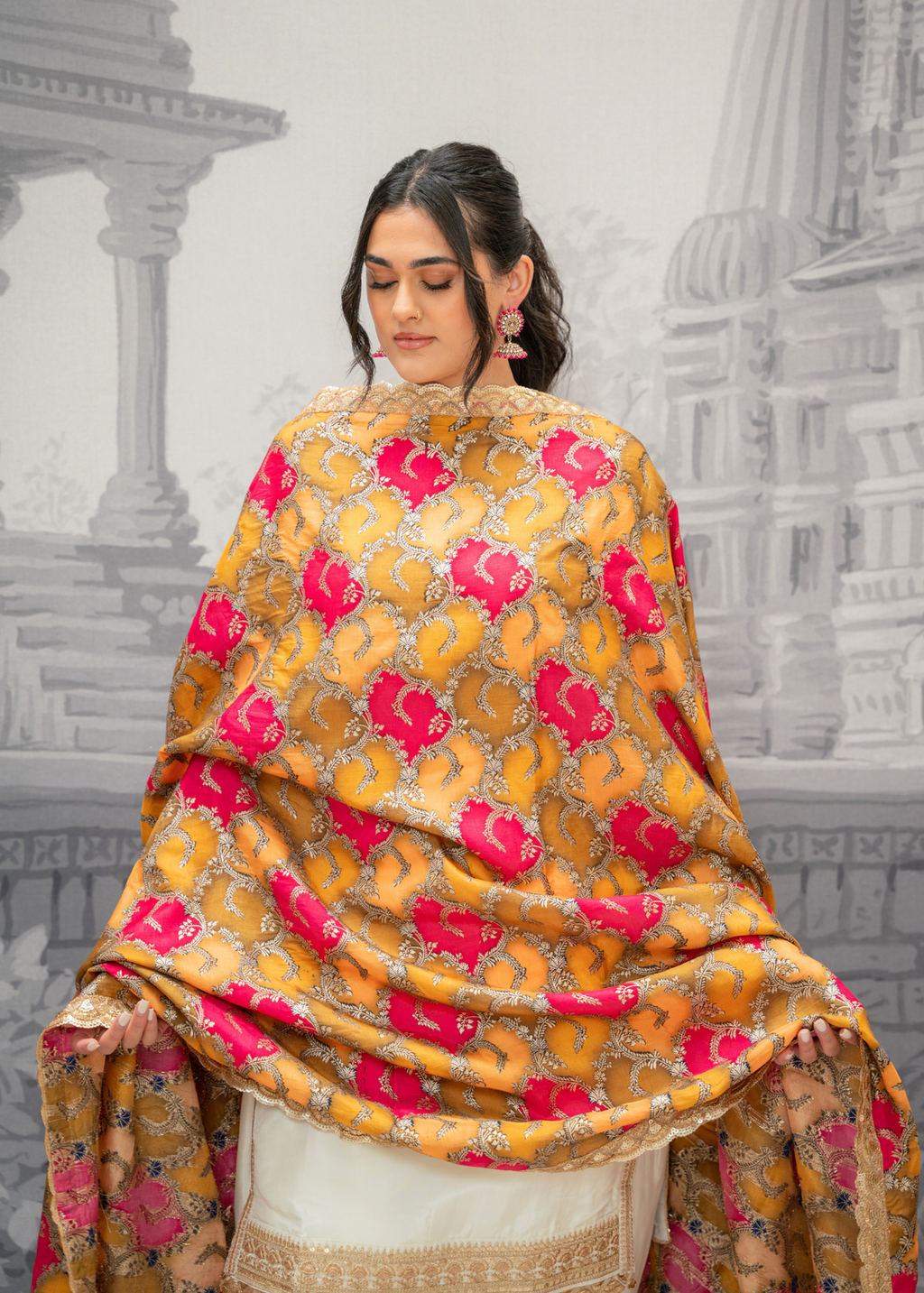 Tara Luxury Pink and Yellow Brocade Dupatta/Chunni