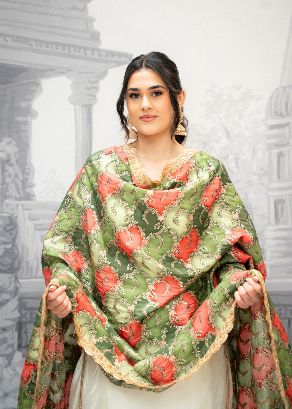 Tara Luxury Mehndi Green and Orange Brocade Dupatta/Chunni