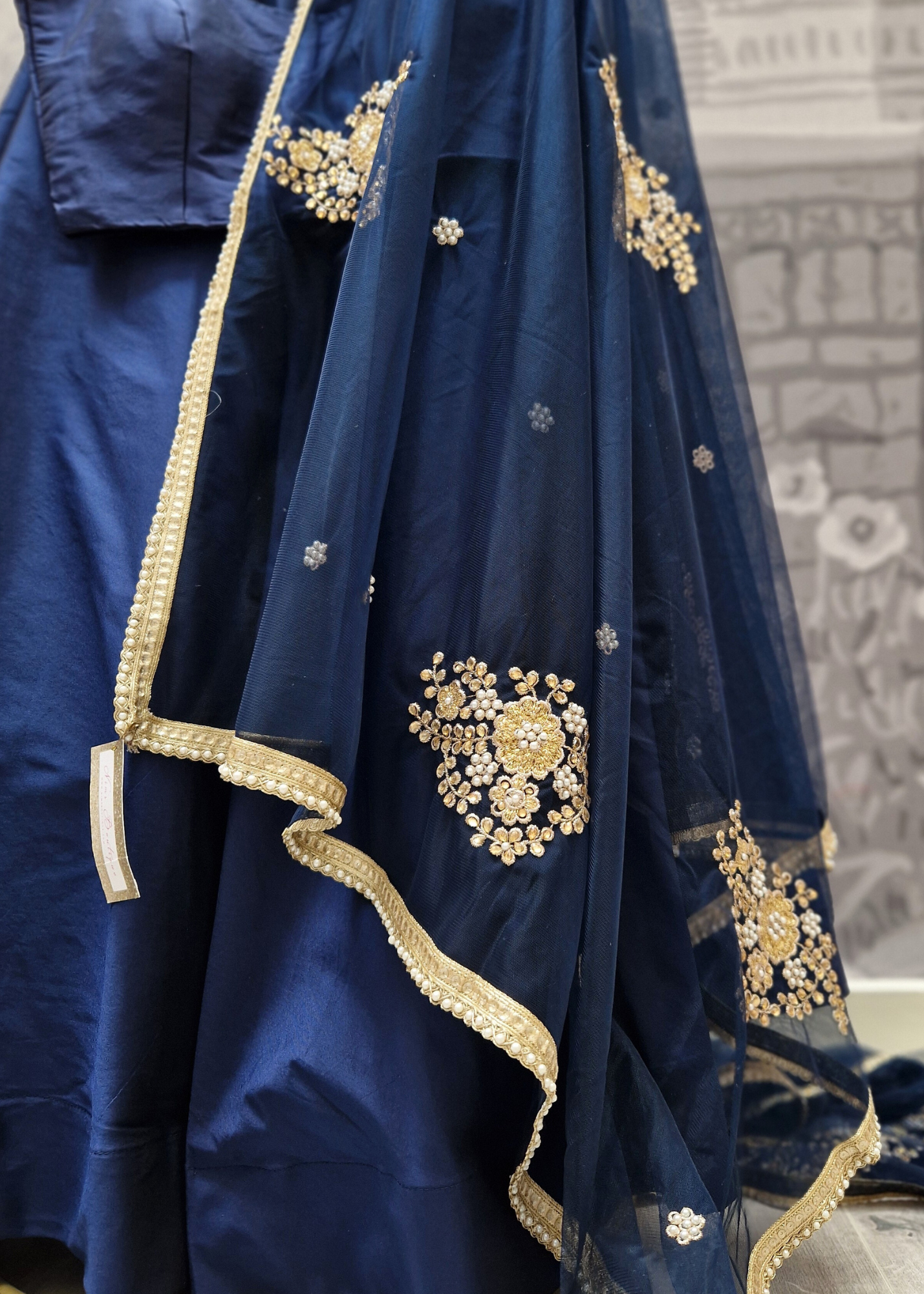 Navy Net Pearl Embellished Dupatta/Chunni