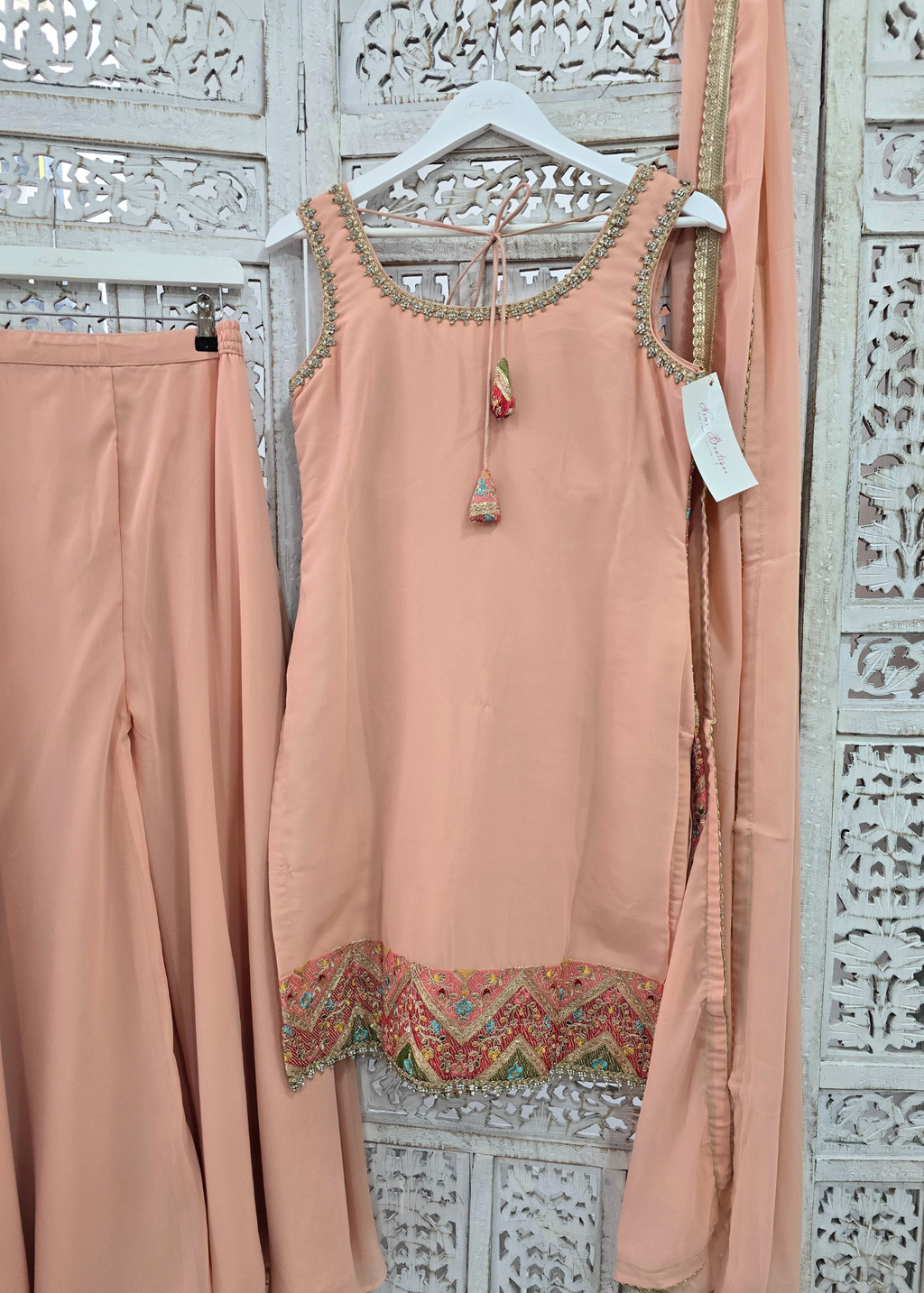 Peach Multicolour Embroidered Sharara Suit (Size 10-12)