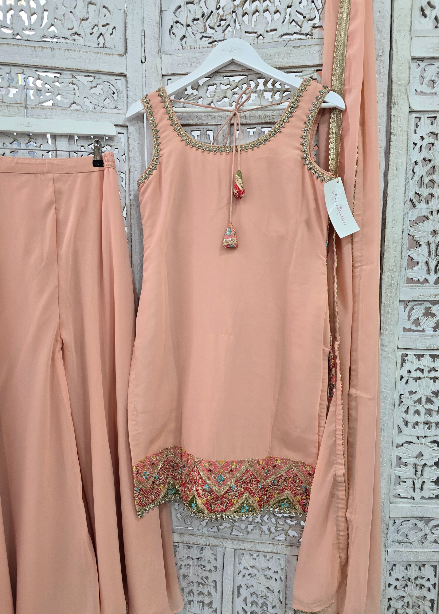 Peach Multicolour Embroidered Sharara Suit (Size 10-12)