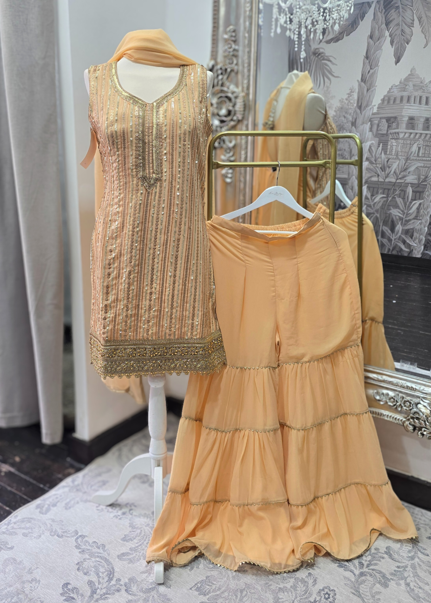 Peach & Gold Sharara Suit (Size 10-12)