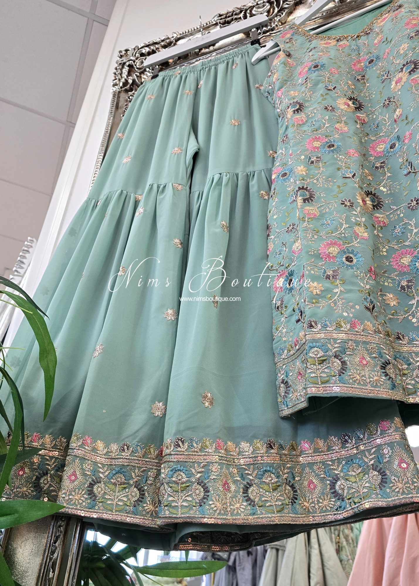 Duck Egg & Pastels Thread Embroidered Gharara Suit (size 10-12)