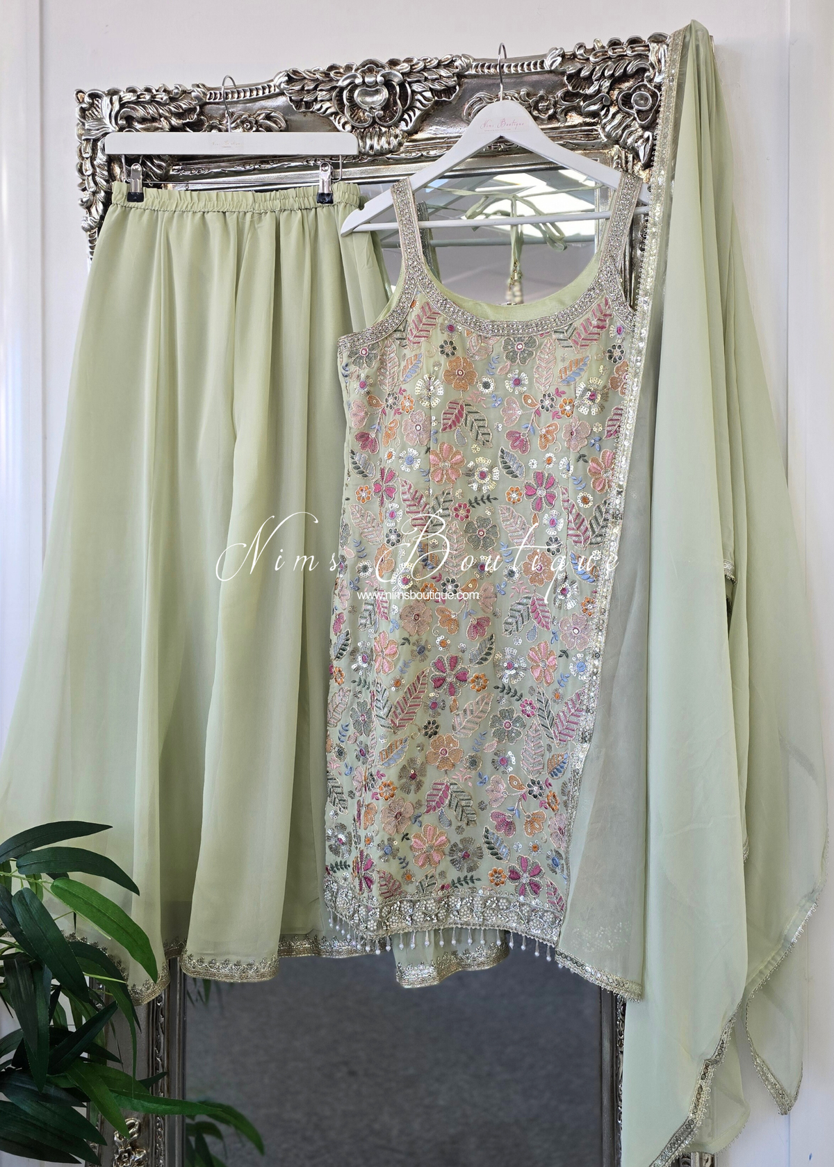 Mint & Pastels Strap Embroidered Sharara Suit (size 12-14)